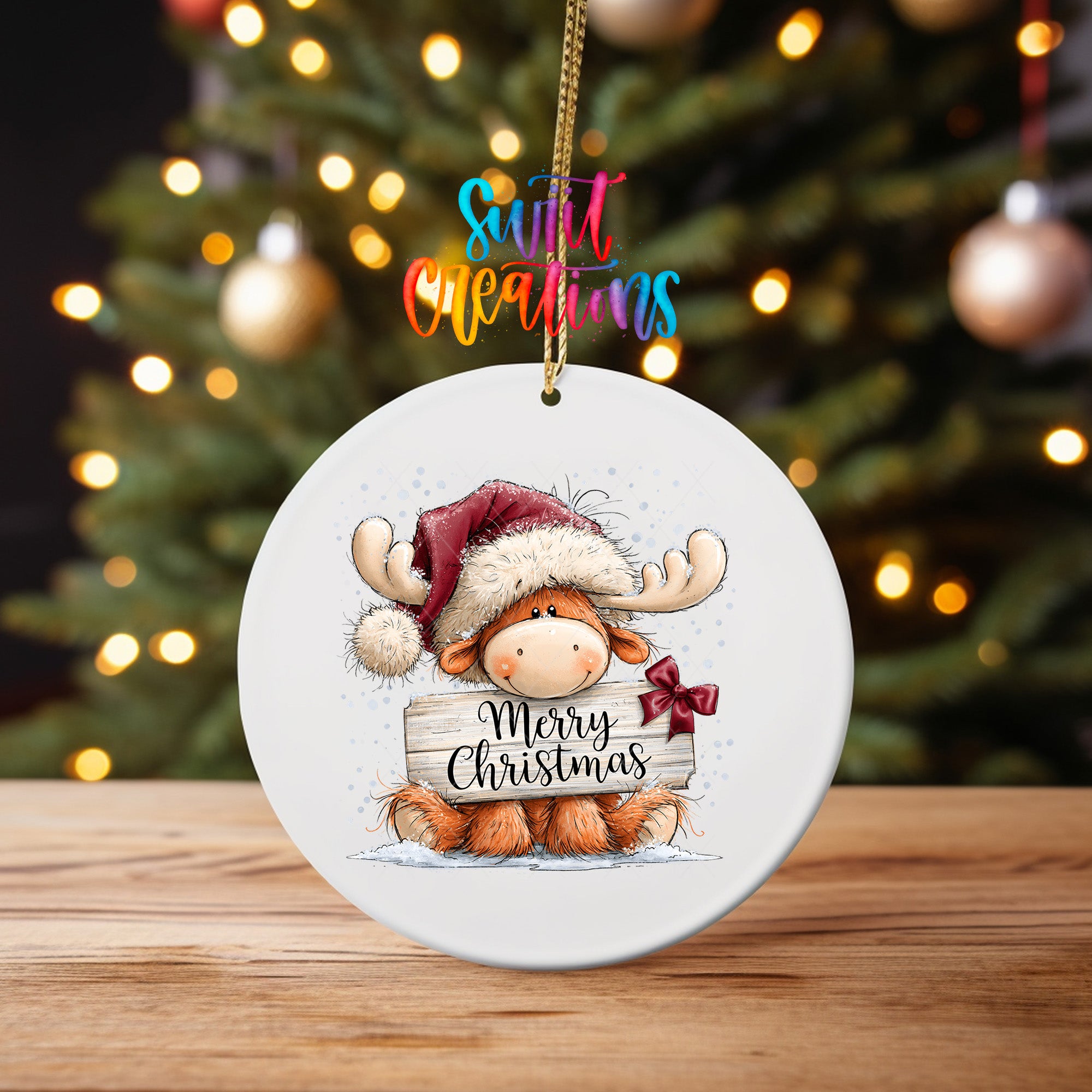 Merry Christmas moose ornament UV DTF transfer with Santa hat and burgundy bow, mockup view 4