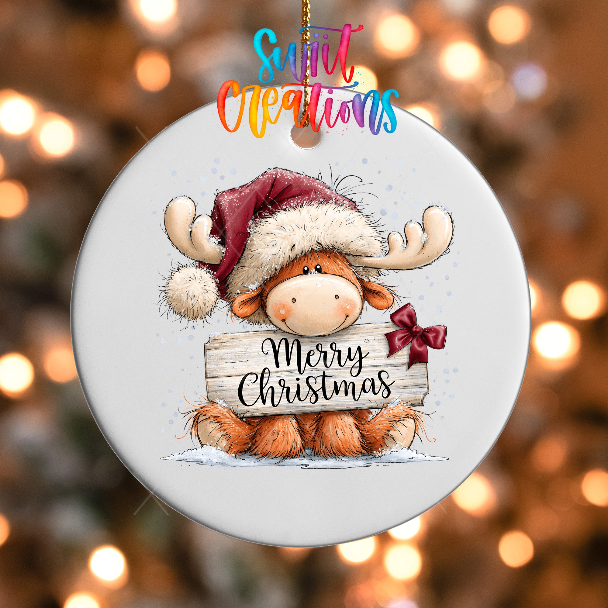 Merry Christmas moose ornament UV DTF transfer with Santa hat and burgundy bow, mockup view 5