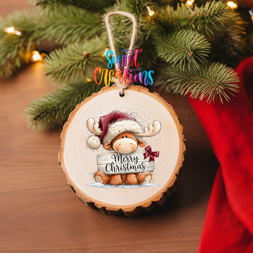 Merry Christmas moose ornament UV DTF transfer with Santa hat and burgundy bow, mockup view 6