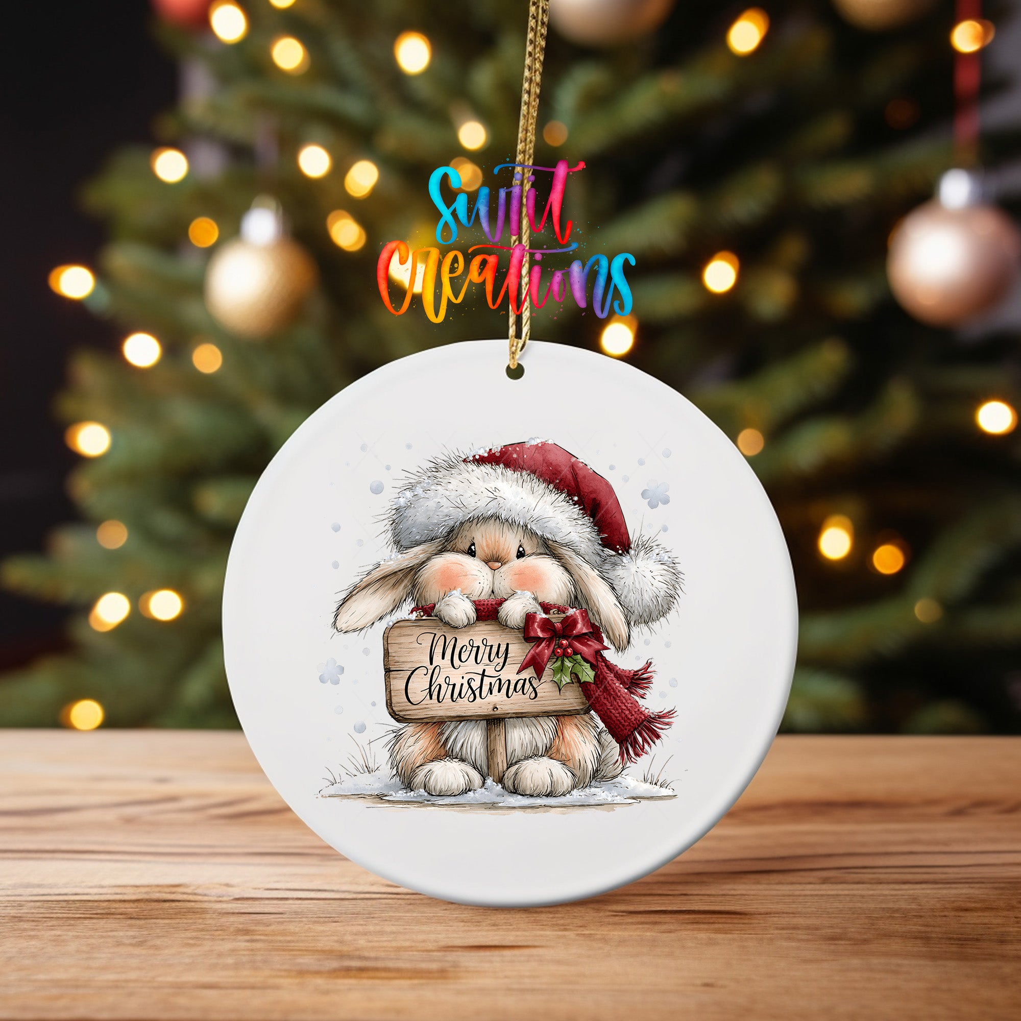 Merry Christmas bunny ornament UV DTF transfer with Santa hat, scarf, holly, and rustic sign, mockup view 4