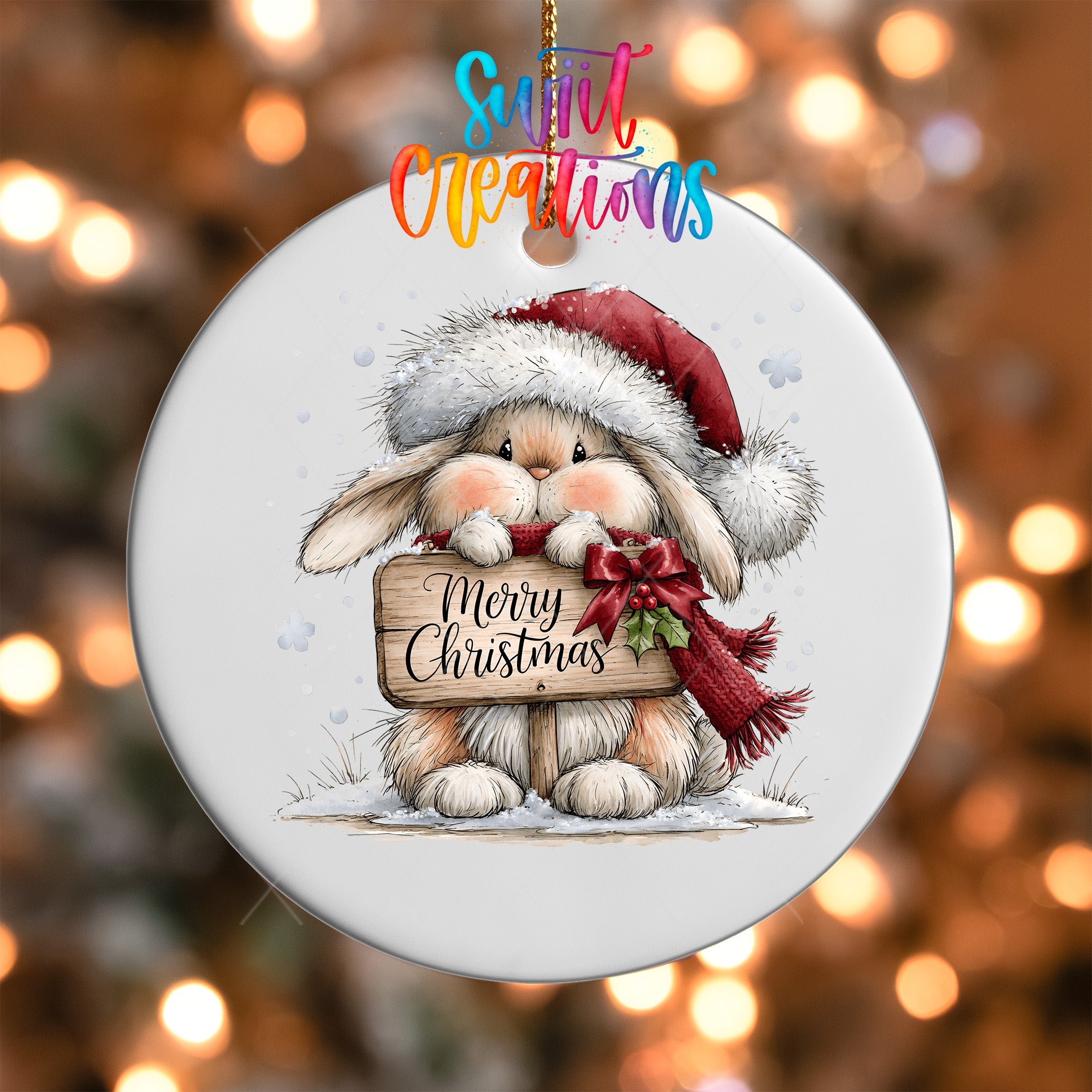 Merry Christmas bunny ornament UV DTF transfer with Santa hat, scarf, holly, and rustic sign, mockup view 5