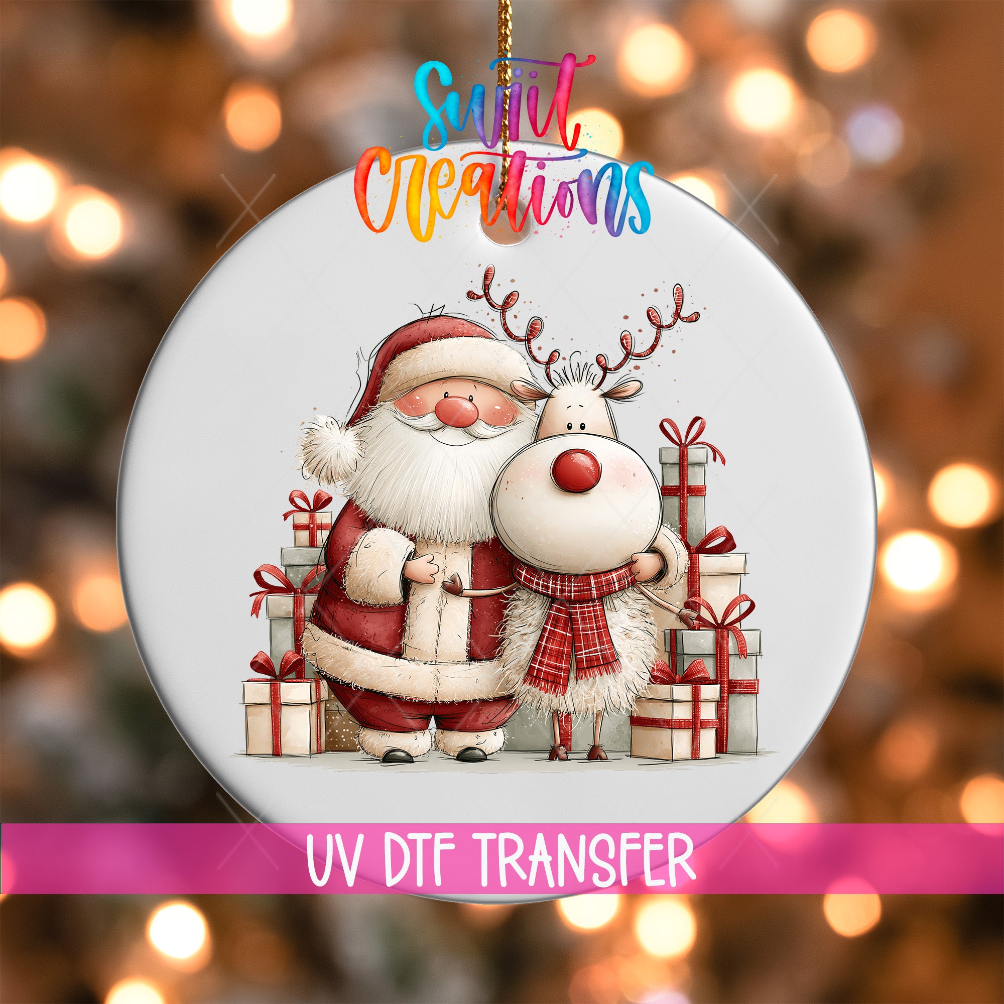 Santa and reindeer ornament UV DTF transfer surrounded by white presents with red bows, mockup view 1