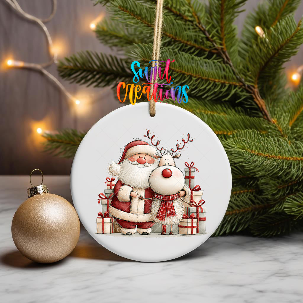 Santa and reindeer ornament UV DTF transfer surrounded by white presents with red bows, mockup view 3