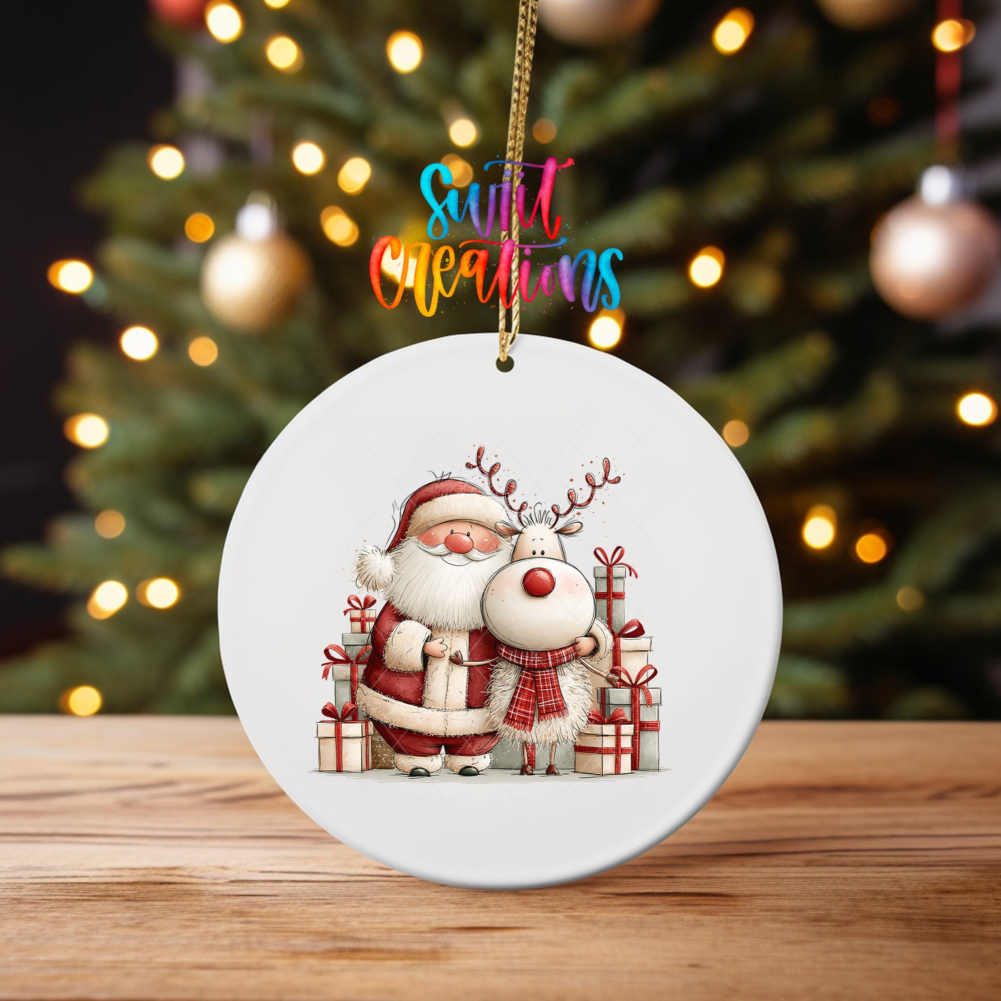 Santa and reindeer ornament UV DTF transfer surrounded by white presents with red bows, mockup view 4