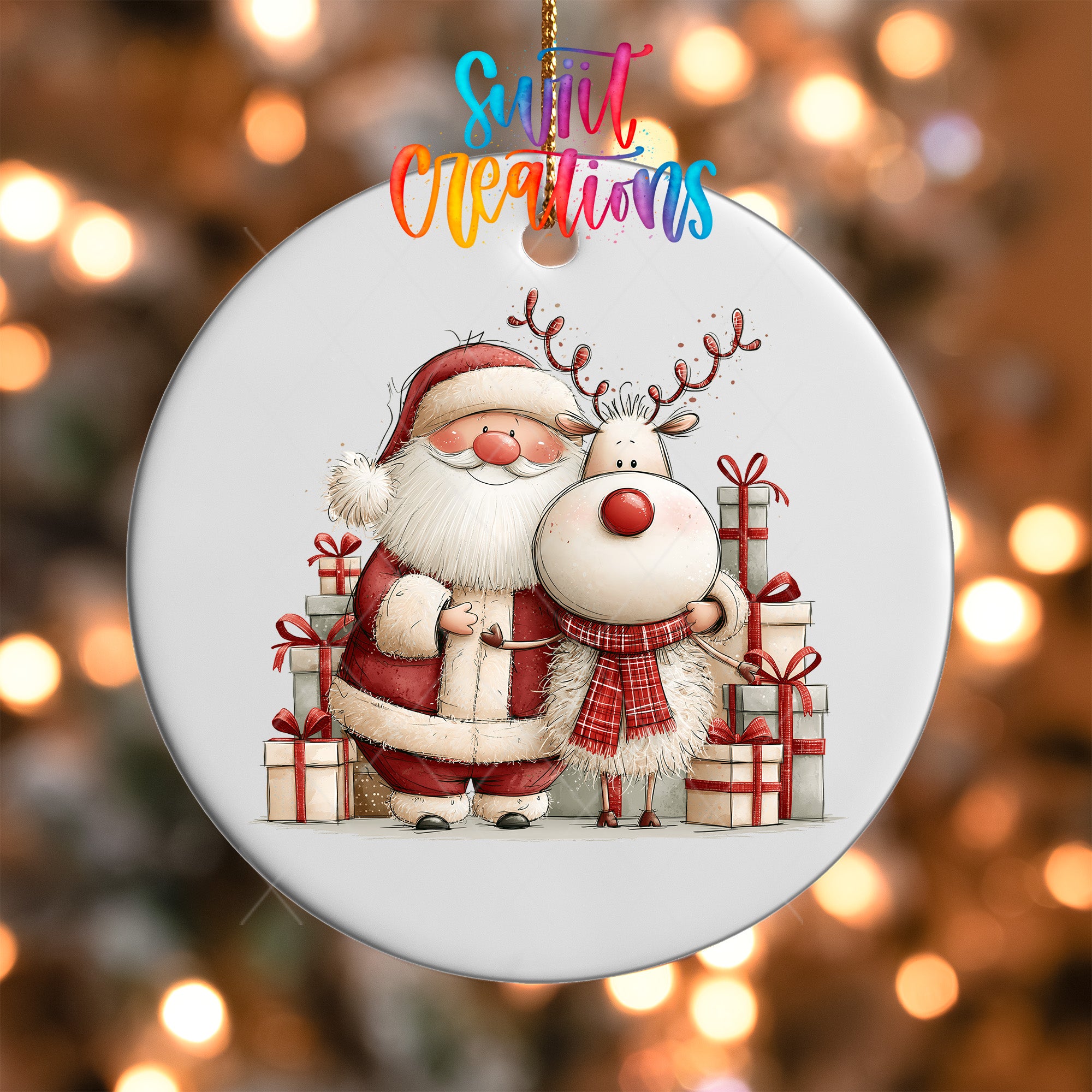 Santa and reindeer ornament UV DTF transfer surrounded by white presents with red bows, mockup view 5