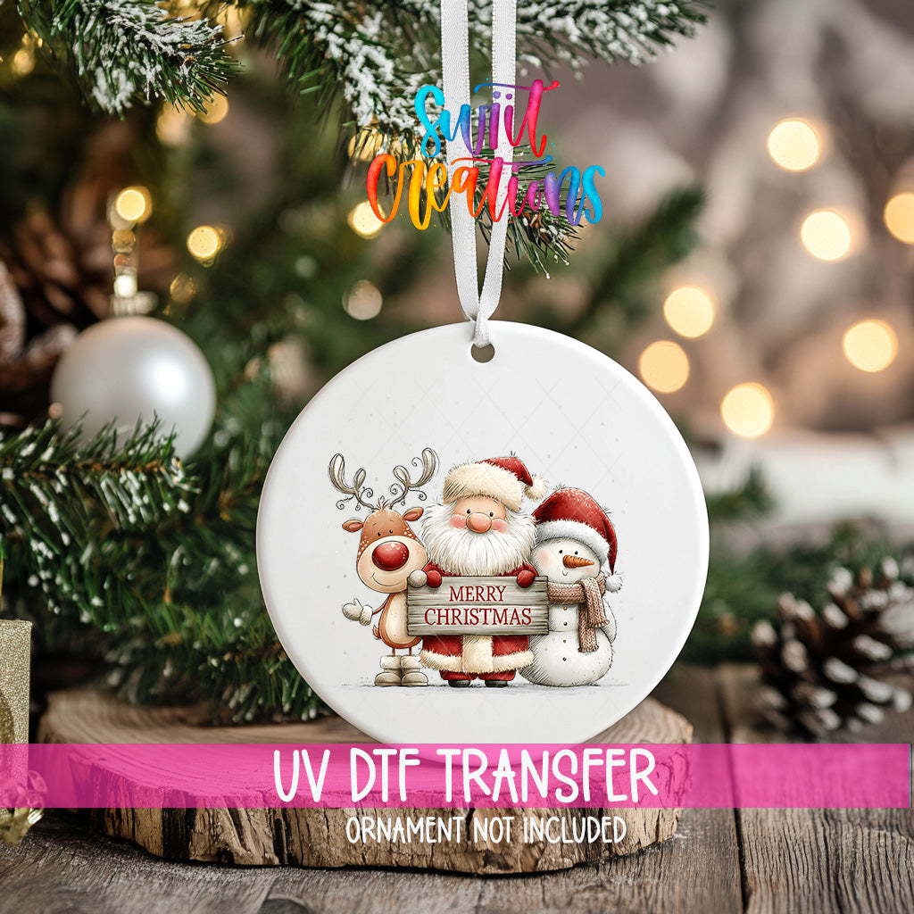 Santa reindeer and snowman ornament UV DTF transfer with Merry Christmas wood sign, mockup view 2
