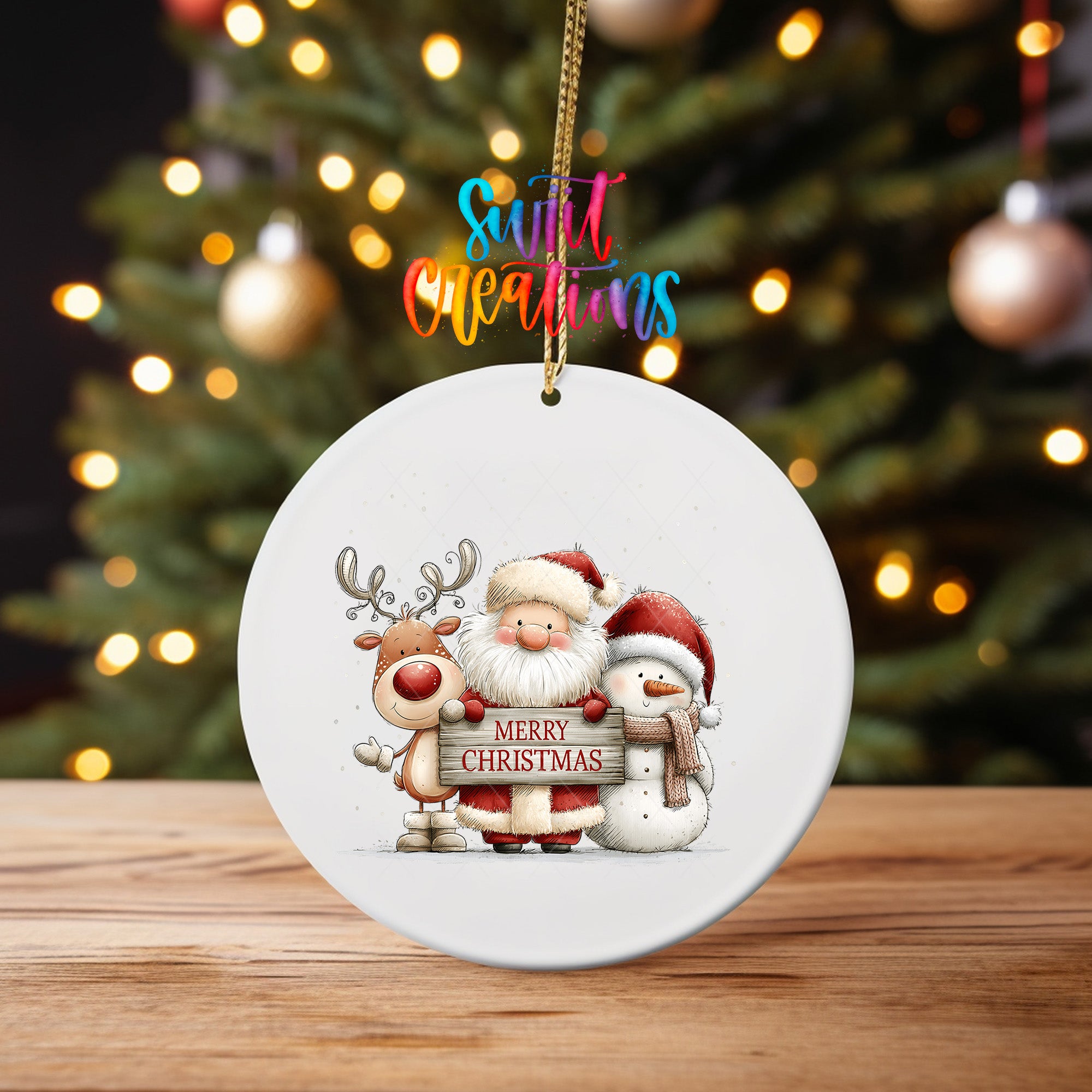 Santa reindeer and snowman ornament UV DTF transfer with Merry Christmas wood sign, mockup view 4