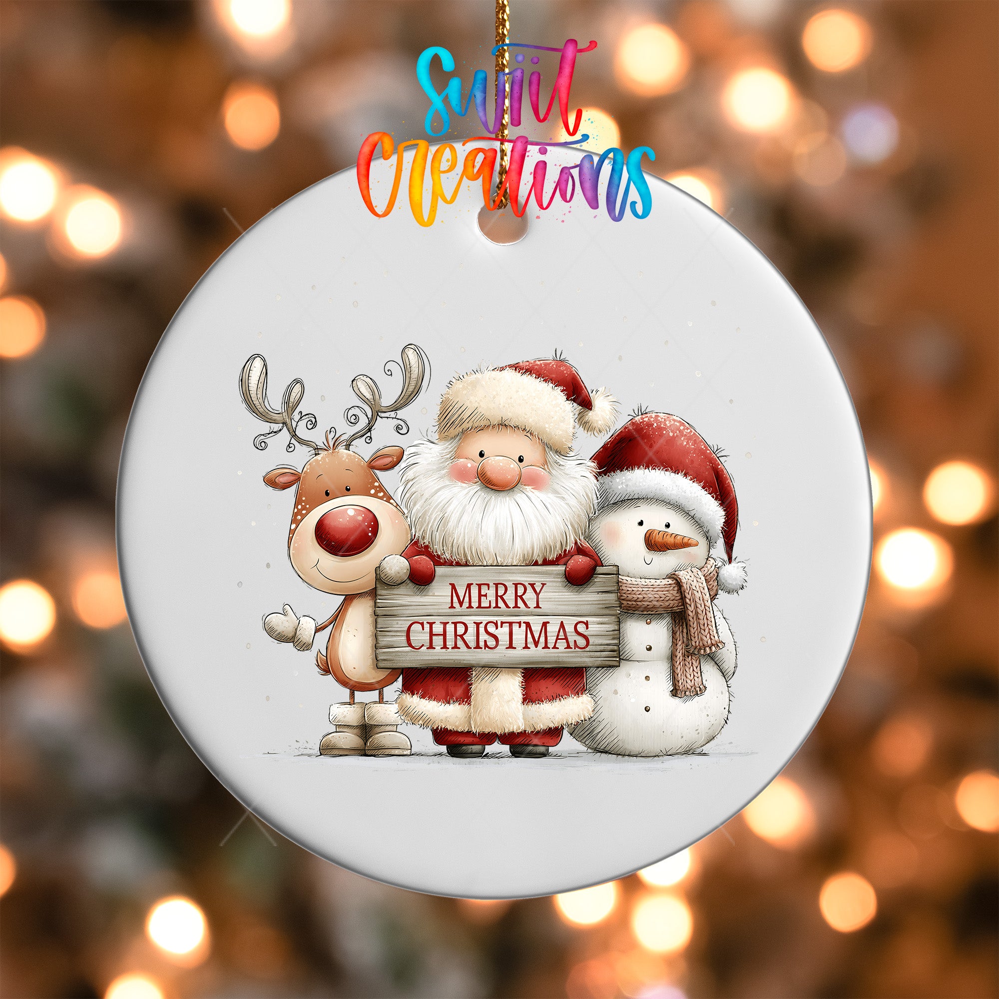 Santa reindeer and snowman ornament UV DTF transfer with Merry Christmas wood sign, mockup view 5