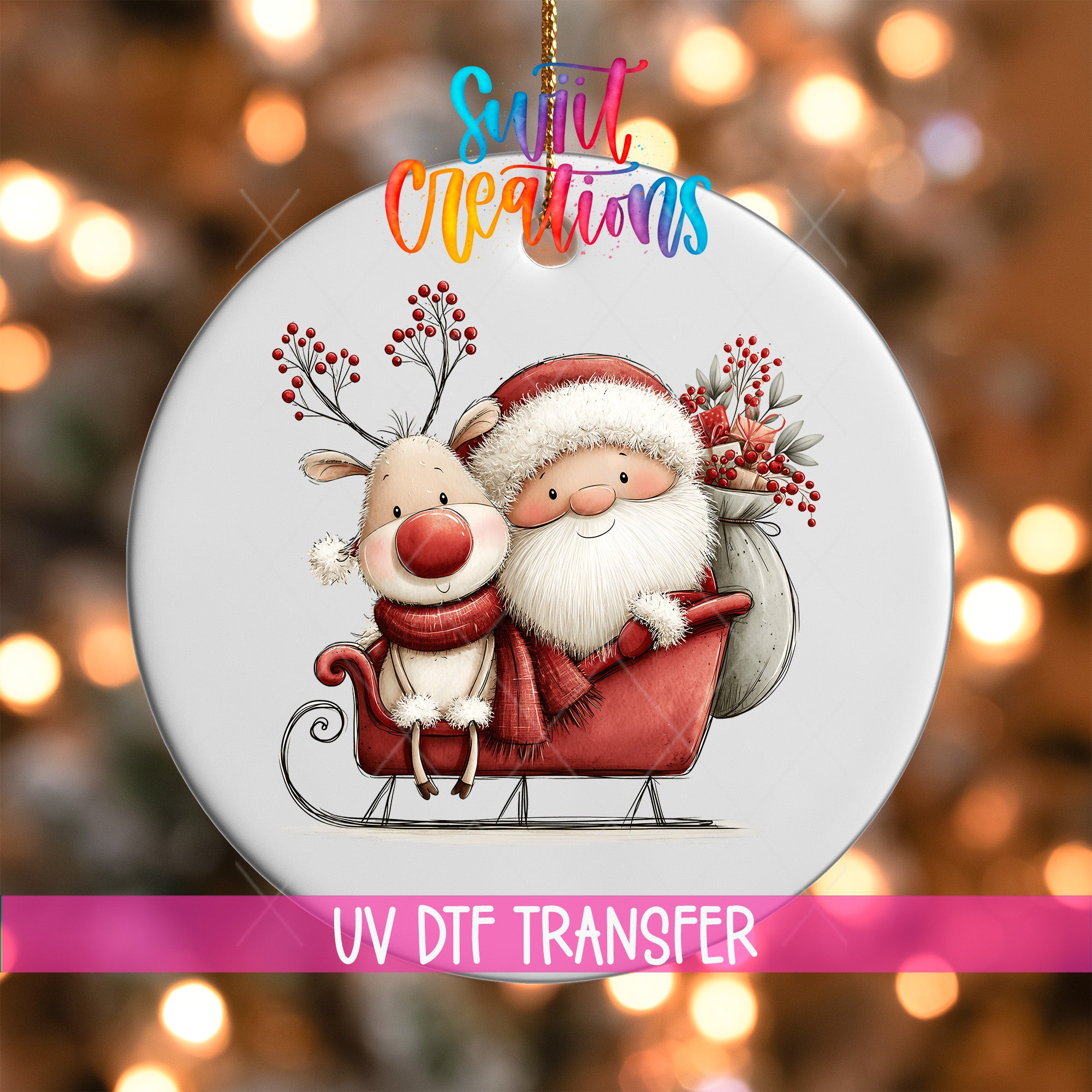 Santa and reindeer sleigh ornament UV DTF transfer with gifts and red berries, mockup view 1