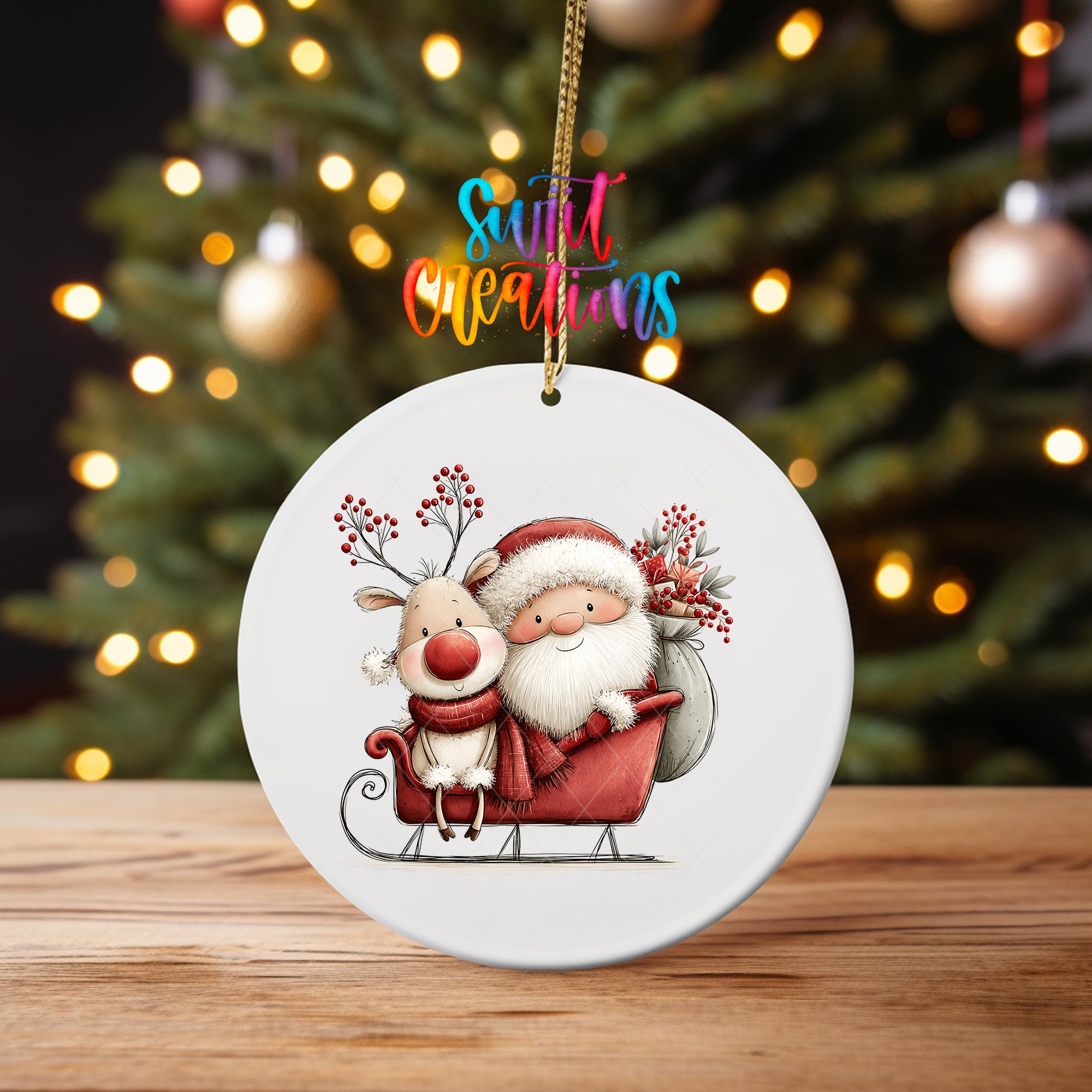 Santa and reindeer sleigh ornament UV DTF transfer with gifts and red berries, mockup view 4