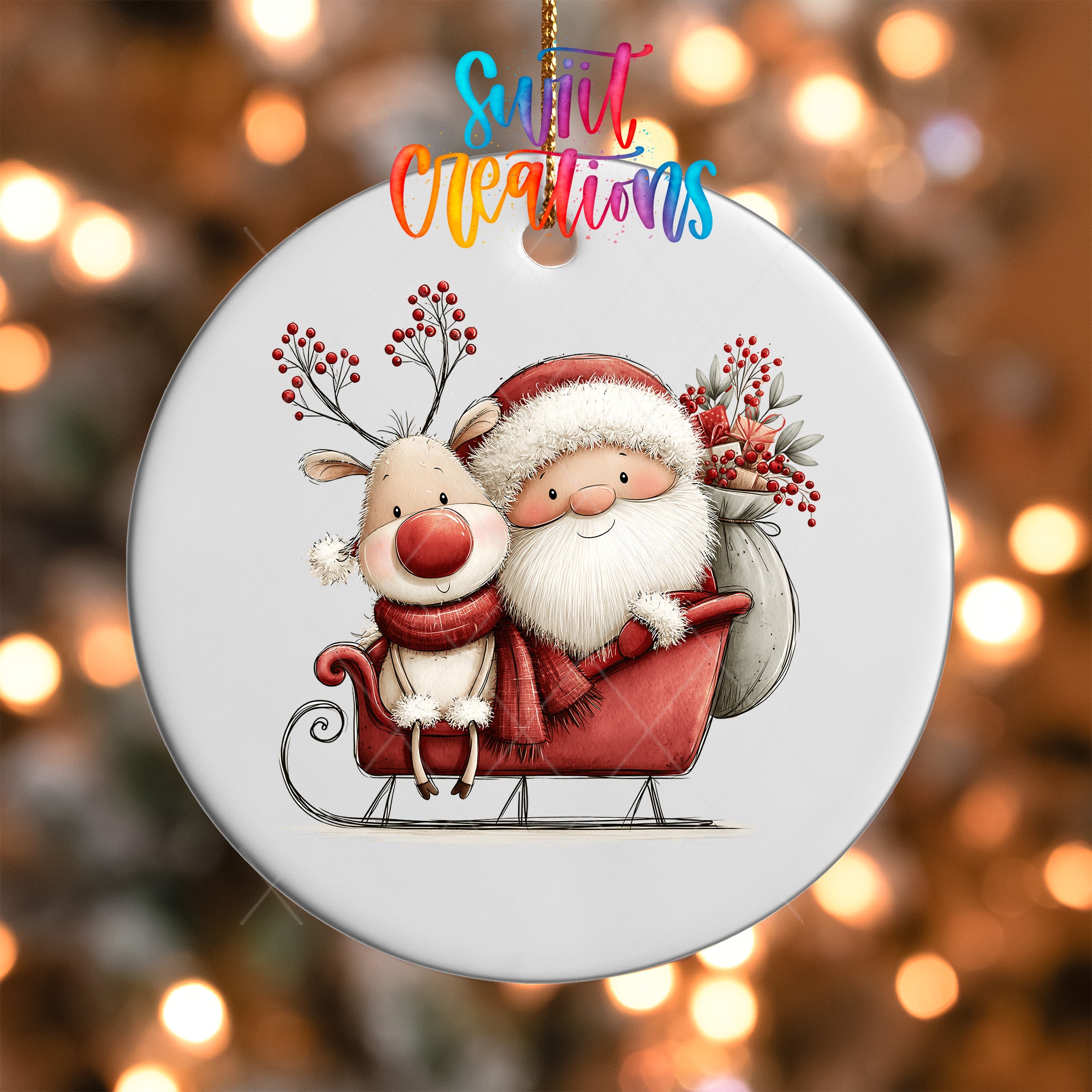 Santa and reindeer sleigh ornament UV DTF transfer with gifts and red berries, mockup view 5