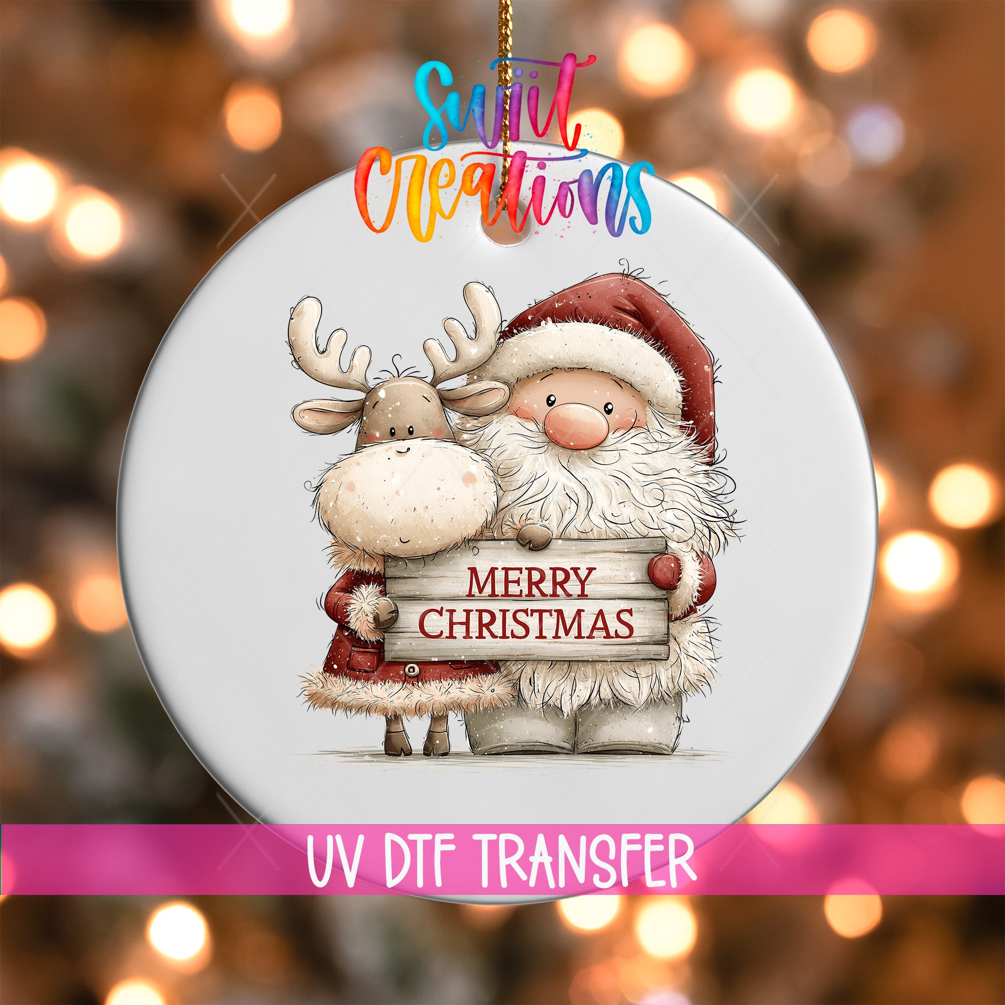 Santa and reindeer ornament UV DTF transfer with rustic Merry Christmas sign, mockup view 1