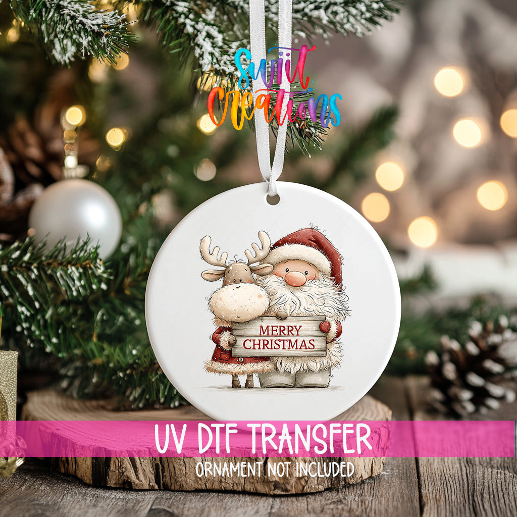 Santa and reindeer ornament UV DTF transfer with rustic Merry Christmas sign, mockup view 2