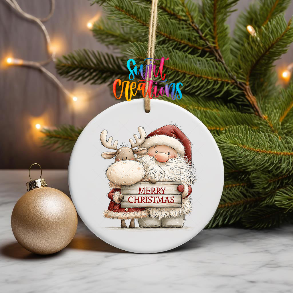 Santa and reindeer ornament UV DTF transfer with rustic Merry Christmas sign, mockup view 3