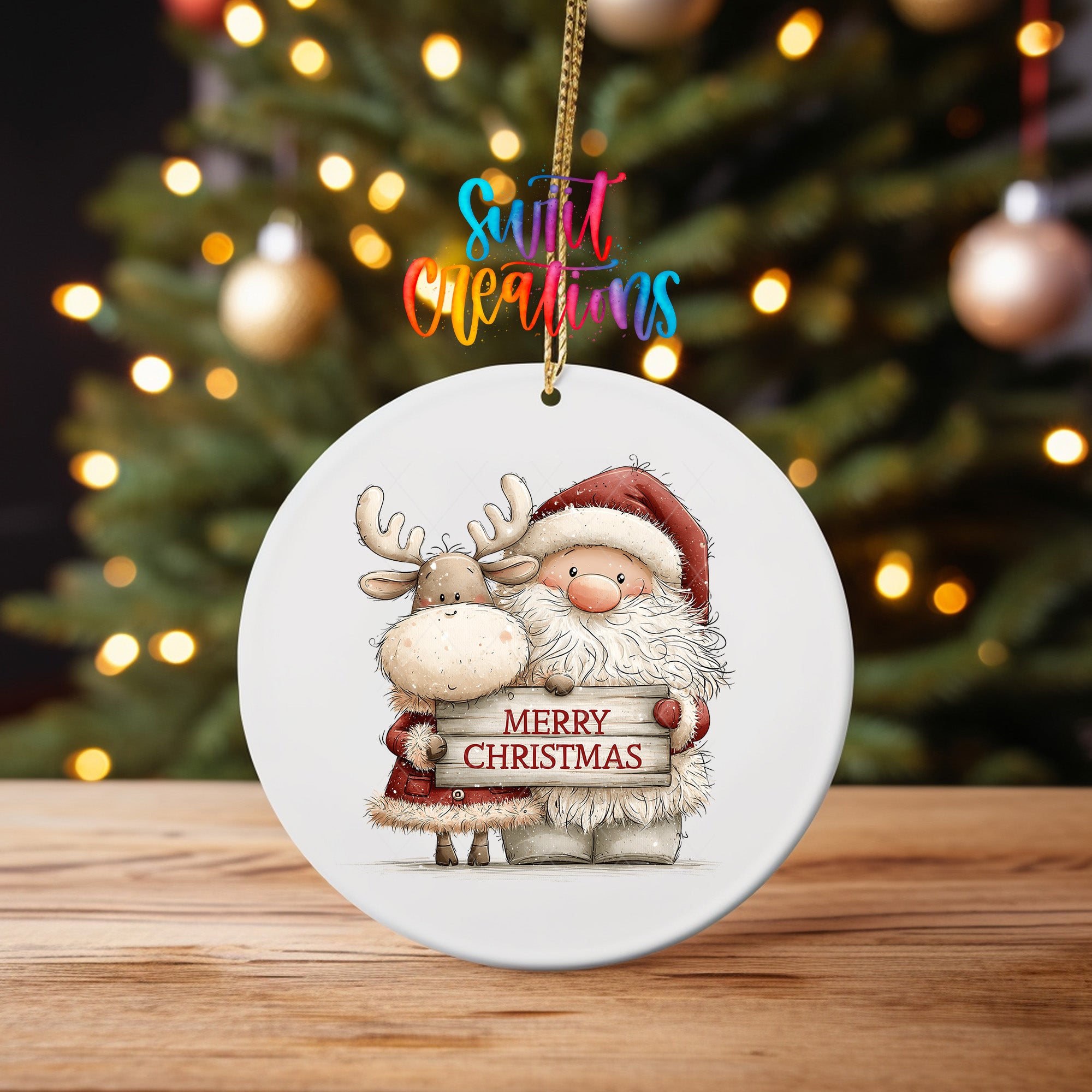 Santa and reindeer ornament UV DTF transfer with rustic Merry Christmas sign, mockup view 4