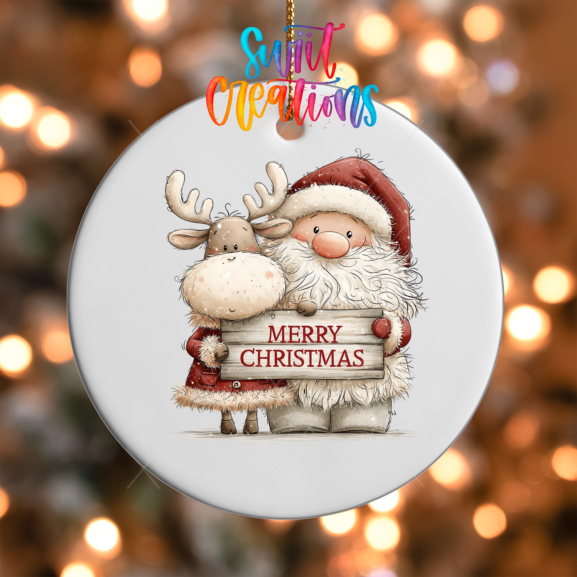 Santa and reindeer ornament UV DTF transfer with rustic Merry Christmas sign, mockup view 5