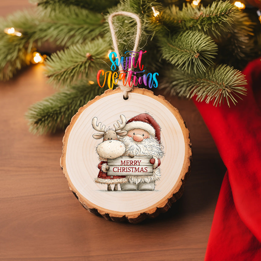 Santa and reindeer ornament UV DTF transfer with rustic Merry Christmas sign, mockup view 6