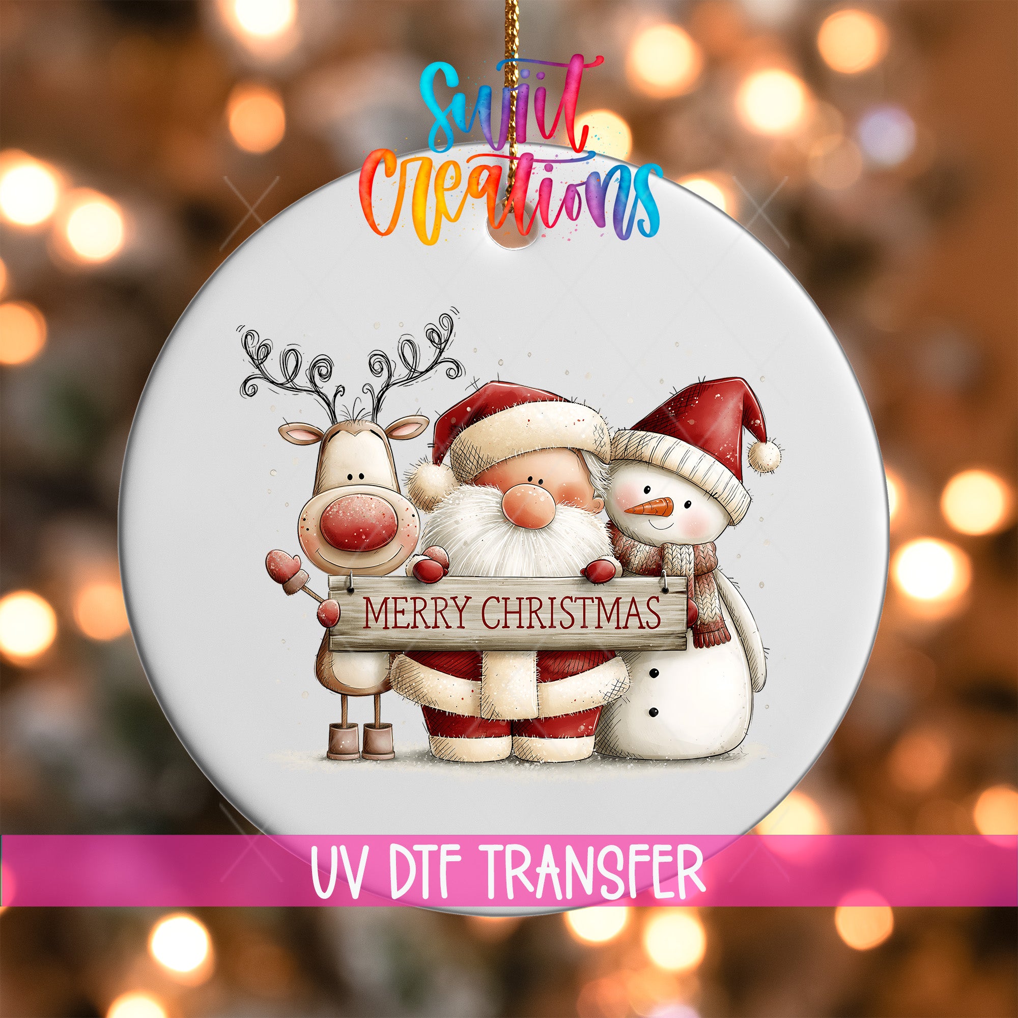 Santa reindeer and snowman ornament UV DTF transfer holding Merry Christmas sign, mockup view 1