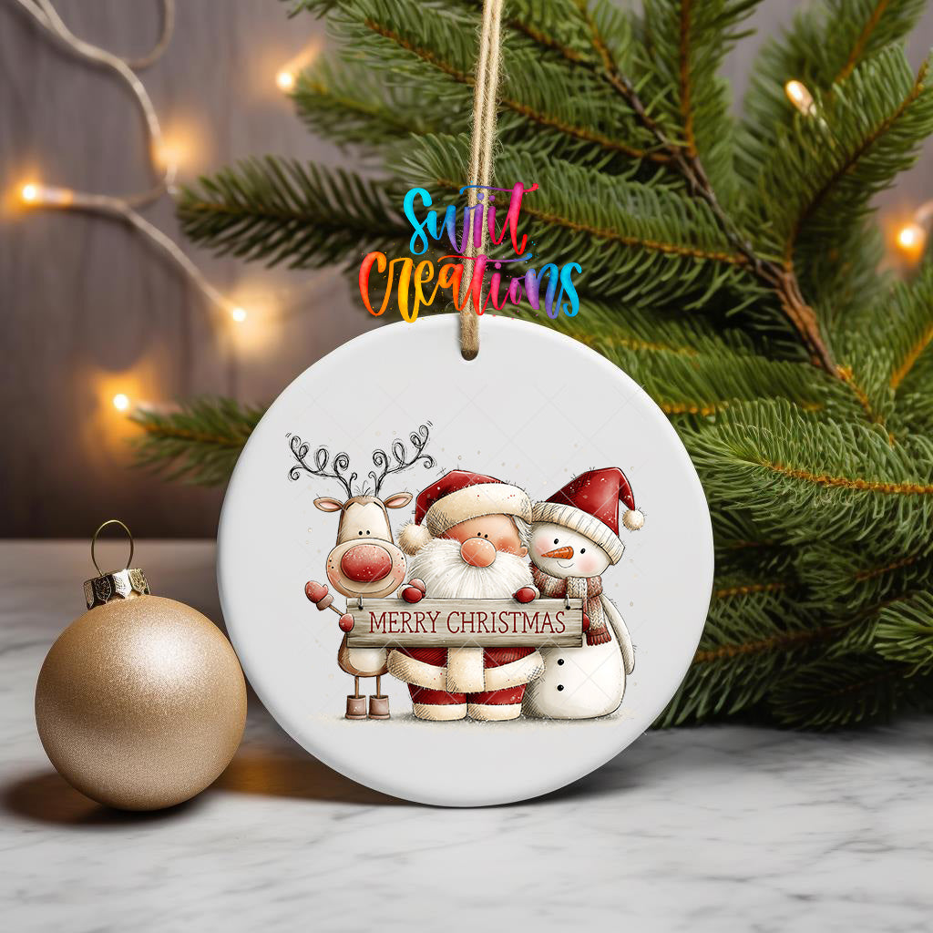 Santa reindeer and snowman ornament UV DTF transfer holding Merry Christmas sign, mockup view 3