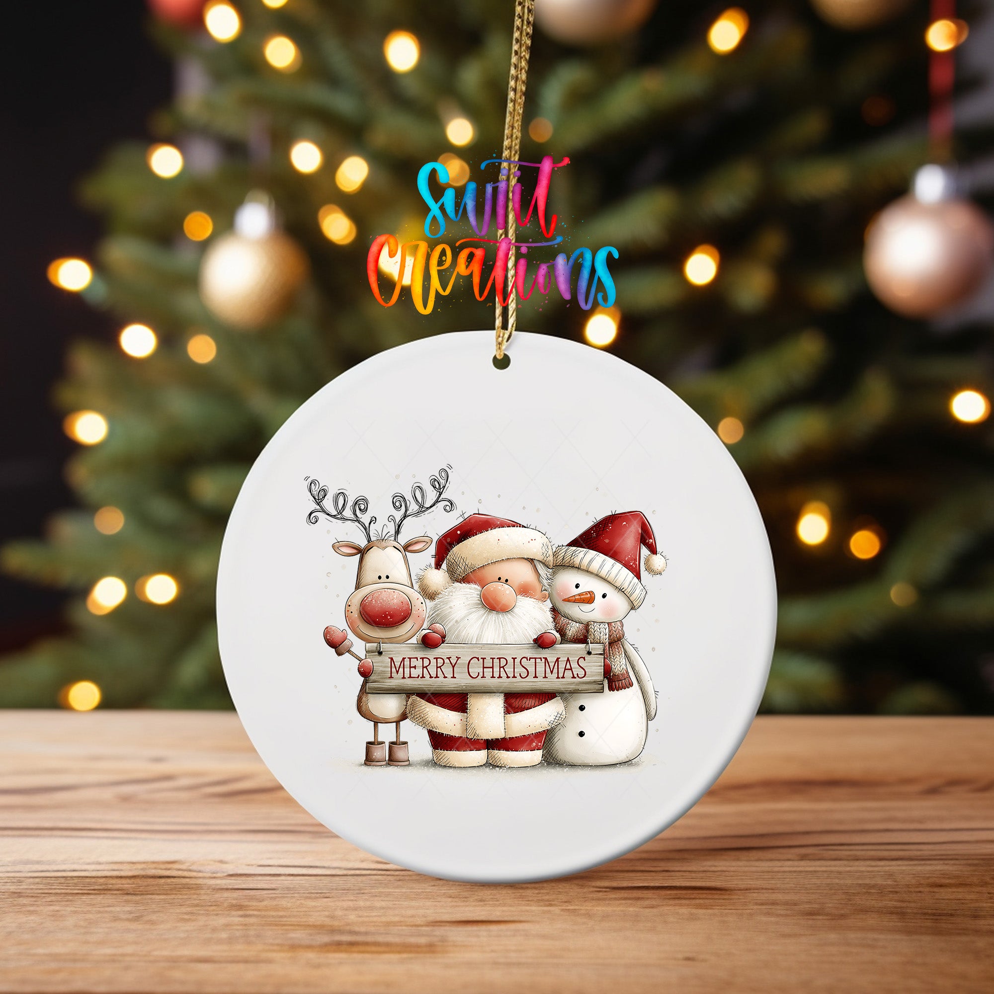Santa reindeer and snowman ornament UV DTF transfer holding Merry Christmas sign, mockup view 4