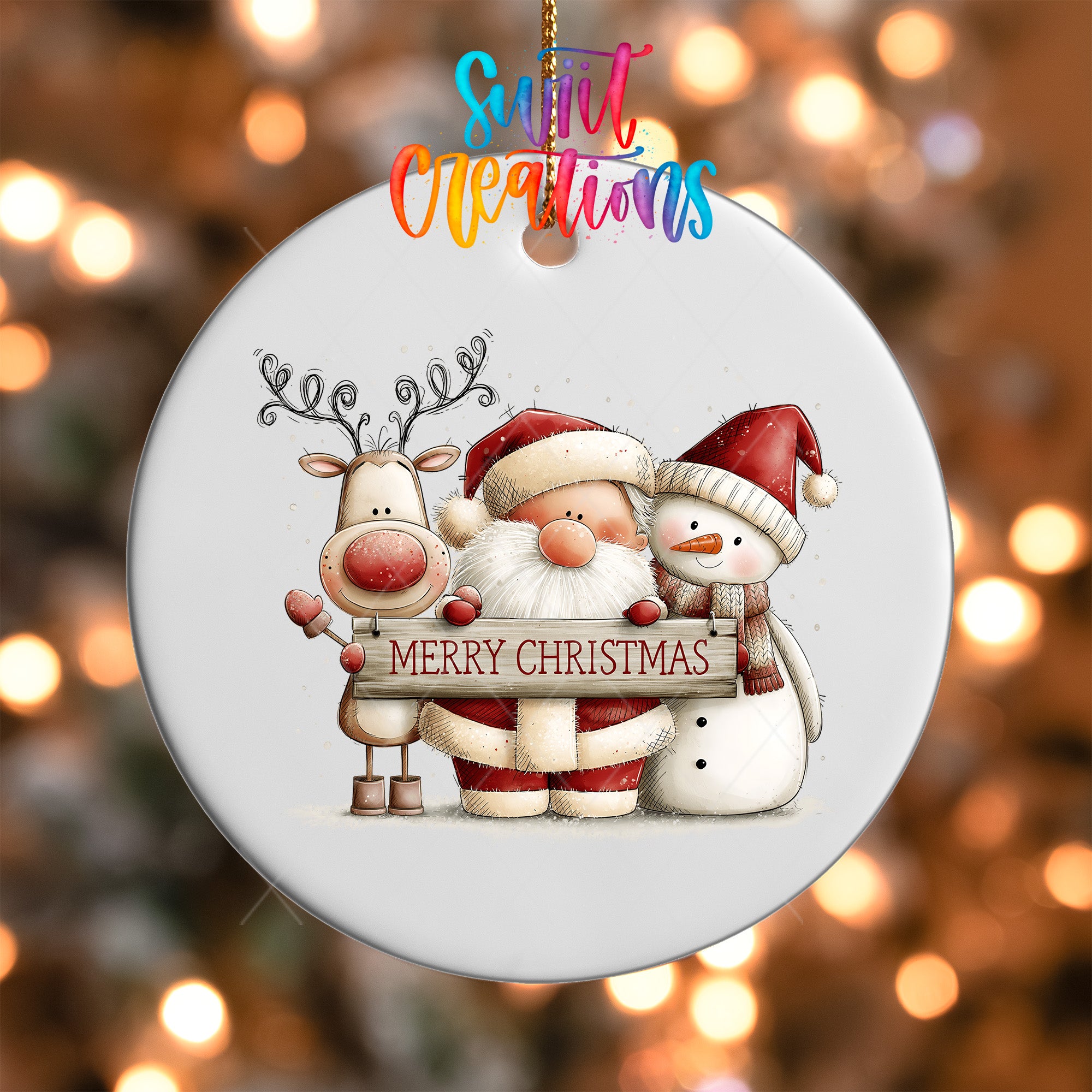 Santa reindeer and snowman ornament UV DTF transfer holding Merry Christmas sign, mockup view 5