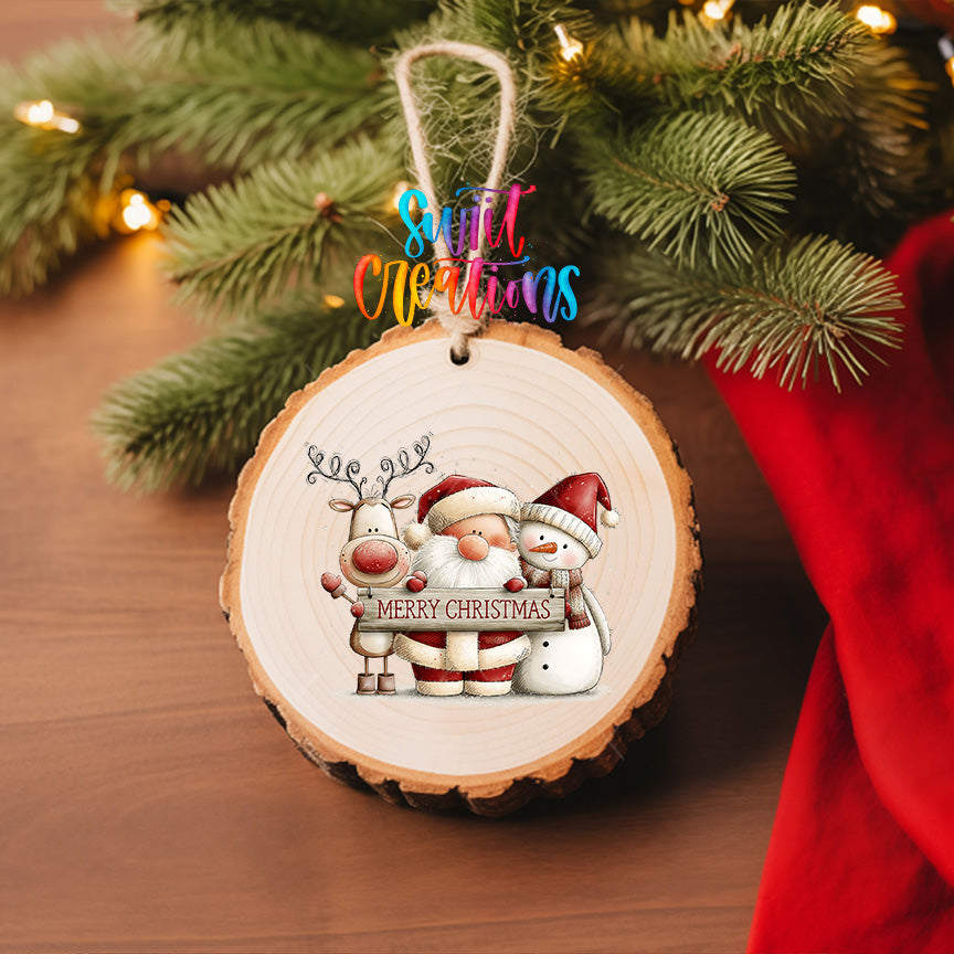 Santa reindeer and snowman ornament UV DTF transfer holding Merry Christmas sign, mockup view 6
