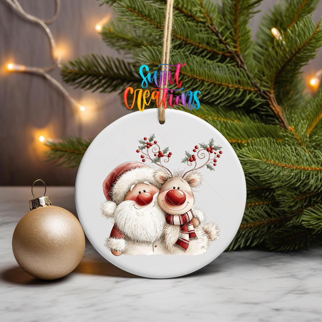 Santa and reindeer ornament UV DTF transfer with holly berry antlers and striped scarf, mockup view 3