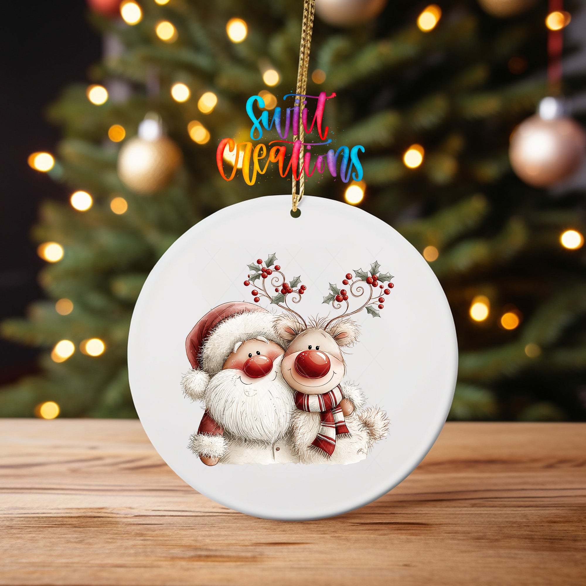 Santa and reindeer ornament UV DTF transfer with holly berry antlers and striped scarf, mockup view 4