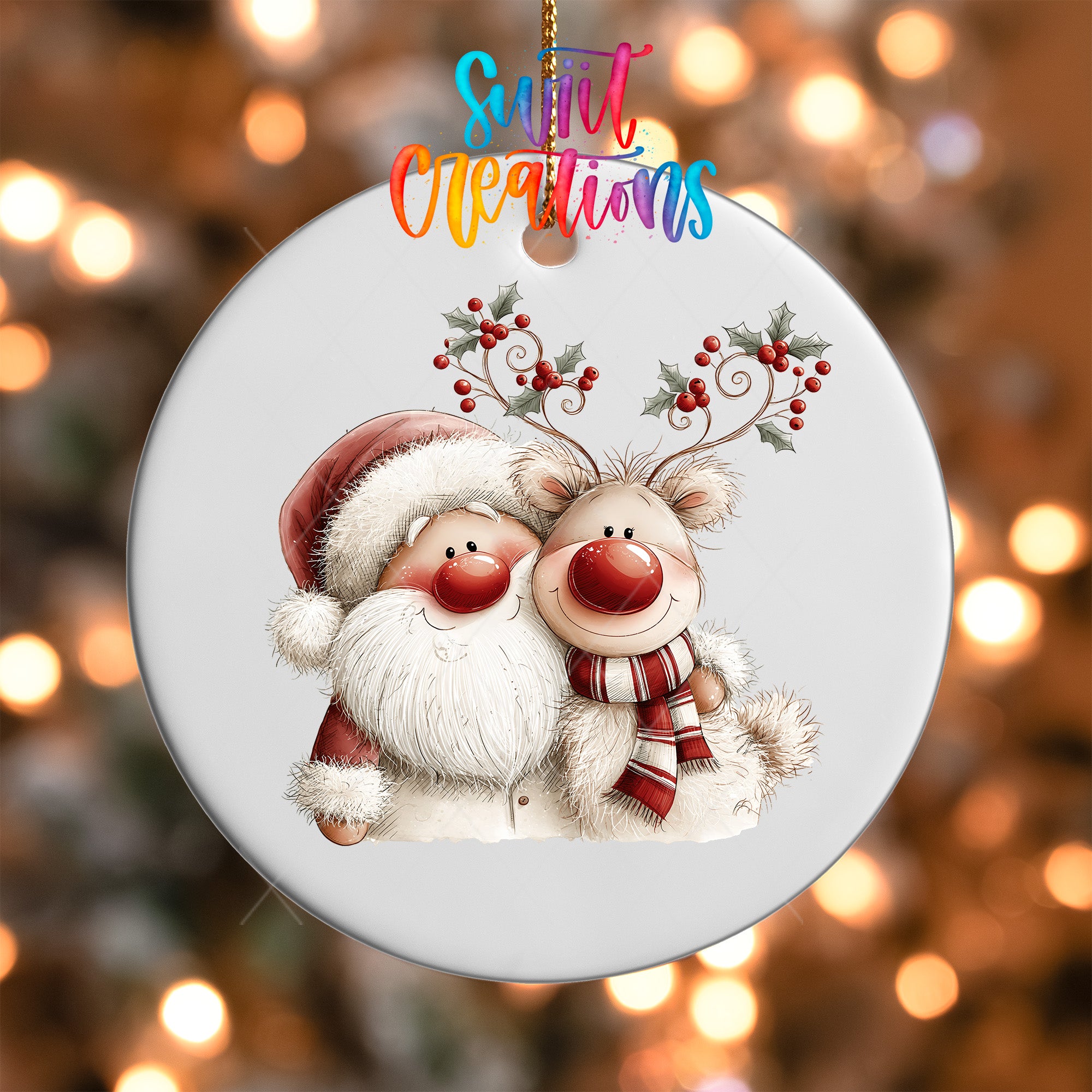 Santa and reindeer ornament UV DTF transfer with holly berry antlers and striped scarf, mockup view 5