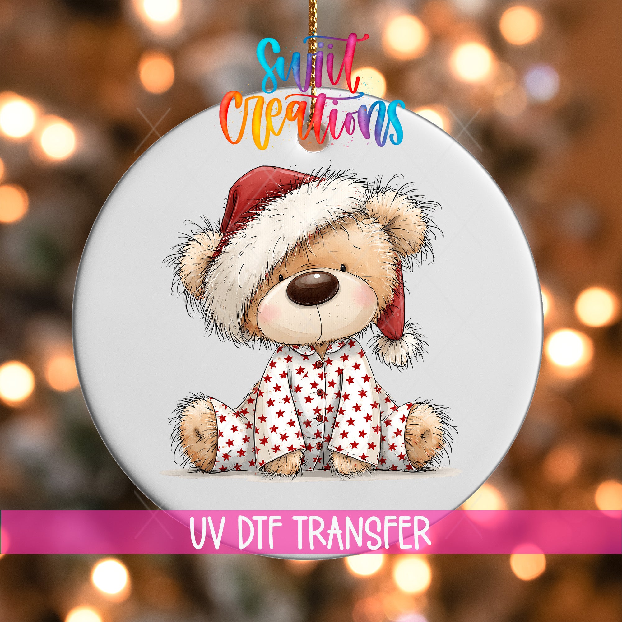 Christmas teddy bear ornament UV DTF transfer in red star pajamas and Santa hat, mockup view 1