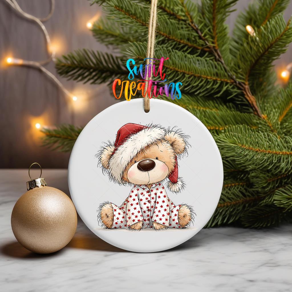 Christmas teddy bear ornament UV DTF transfer in red star pajamas and Santa hat, mockup view 3