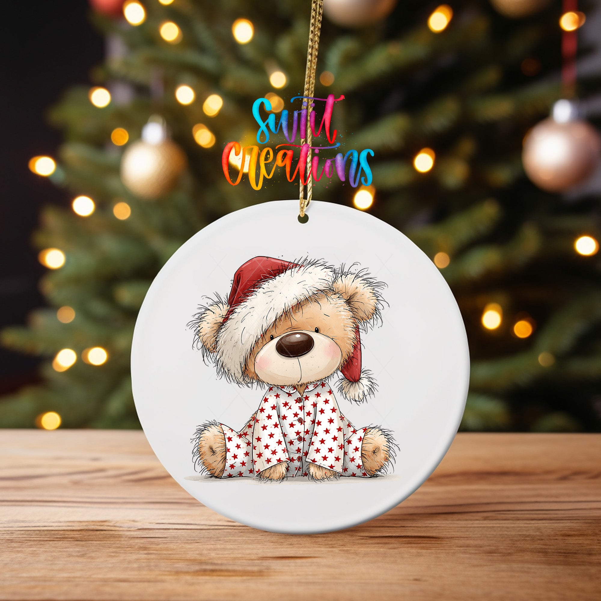 Christmas teddy bear ornament UV DTF transfer in red star pajamas and Santa hat, mockup view 4