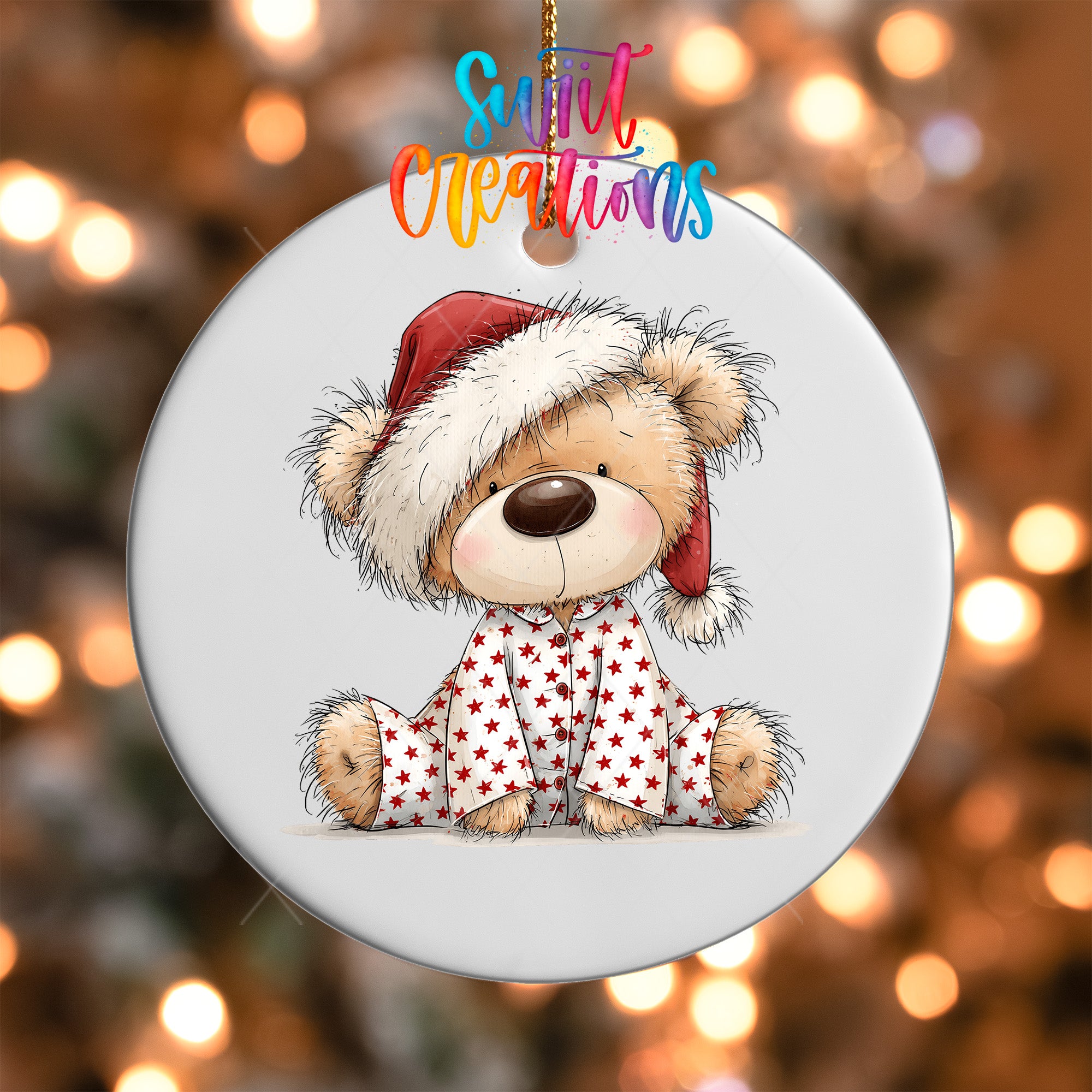 Christmas teddy bear ornament UV DTF transfer in red star pajamas and Santa hat, mockup view 5