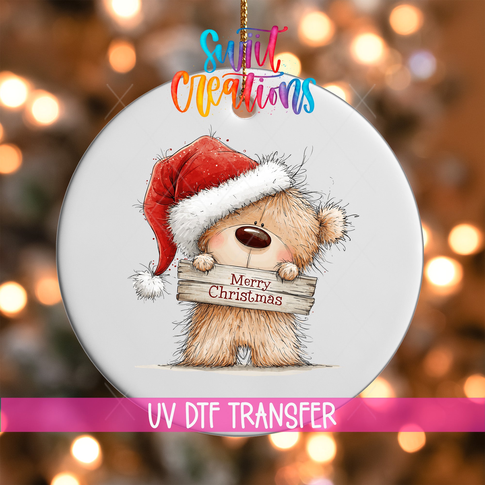 Christmas teddy bear ornament UV DTF transfer in Santa hat holding Merry Christmas sign, mockup view 1
