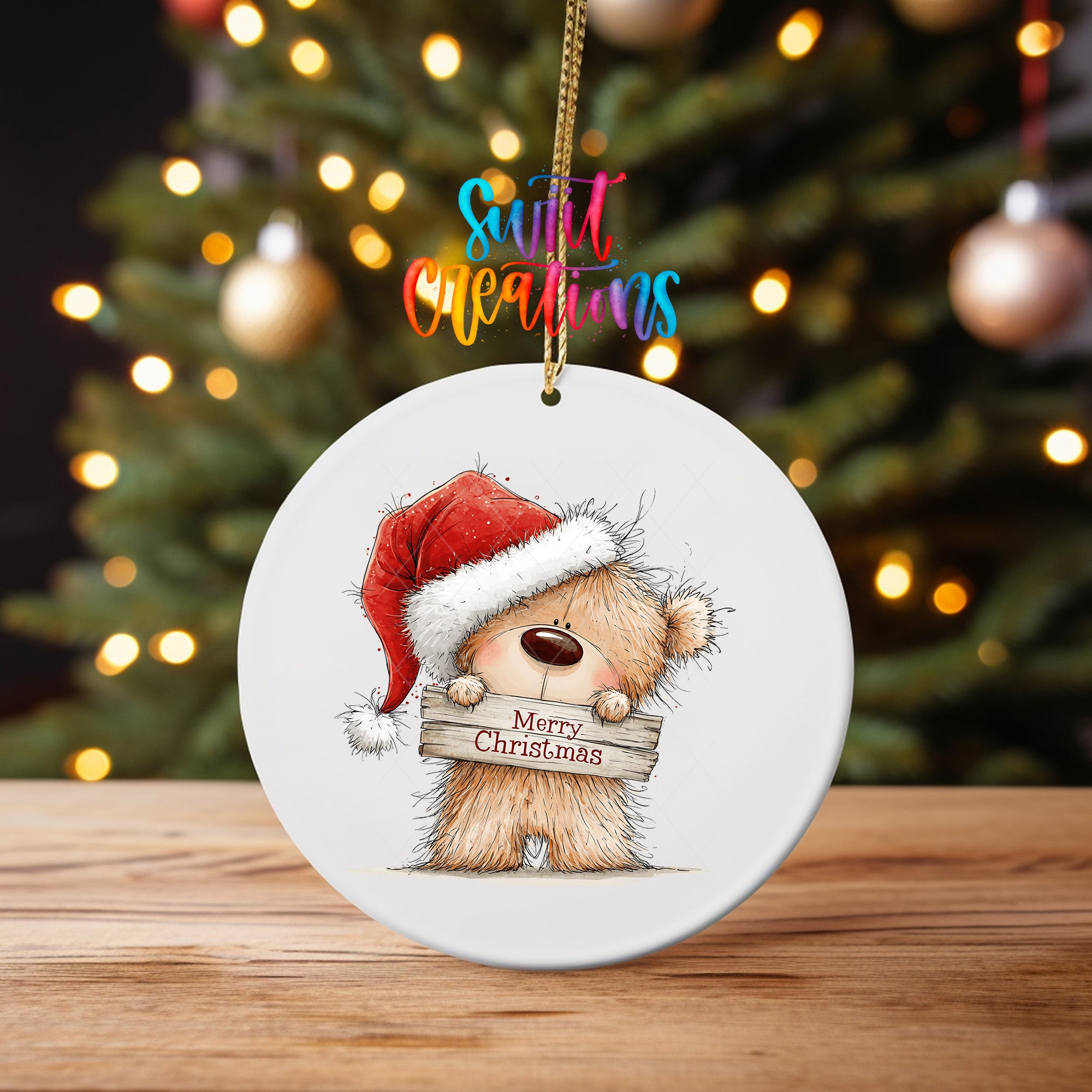 Christmas teddy bear ornament UV DTF transfer in Santa hat holding Merry Christmas sign, mockup view 4