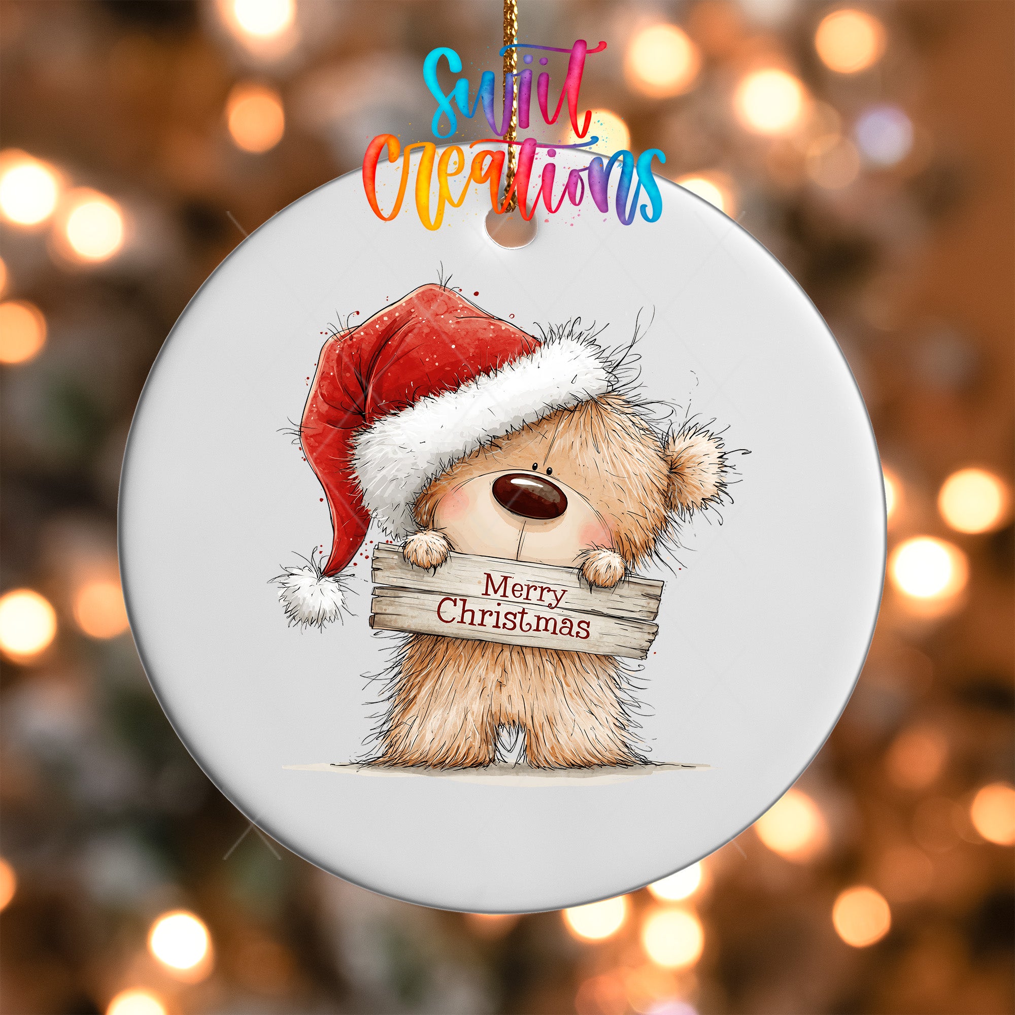 Christmas teddy bear ornament UV DTF transfer in Santa hat holding Merry Christmas sign, mockup view 5