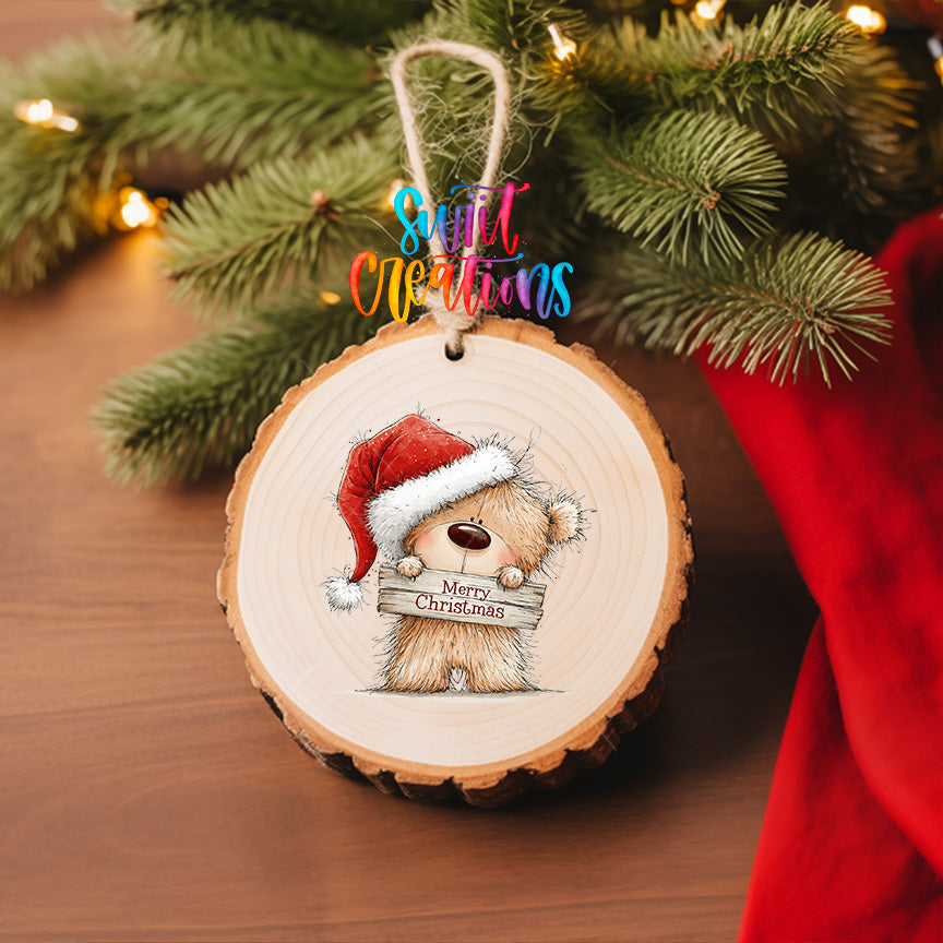 Christmas teddy bear ornament UV DTF transfer in Santa hat holding Merry Christmas sign, mockup view 6