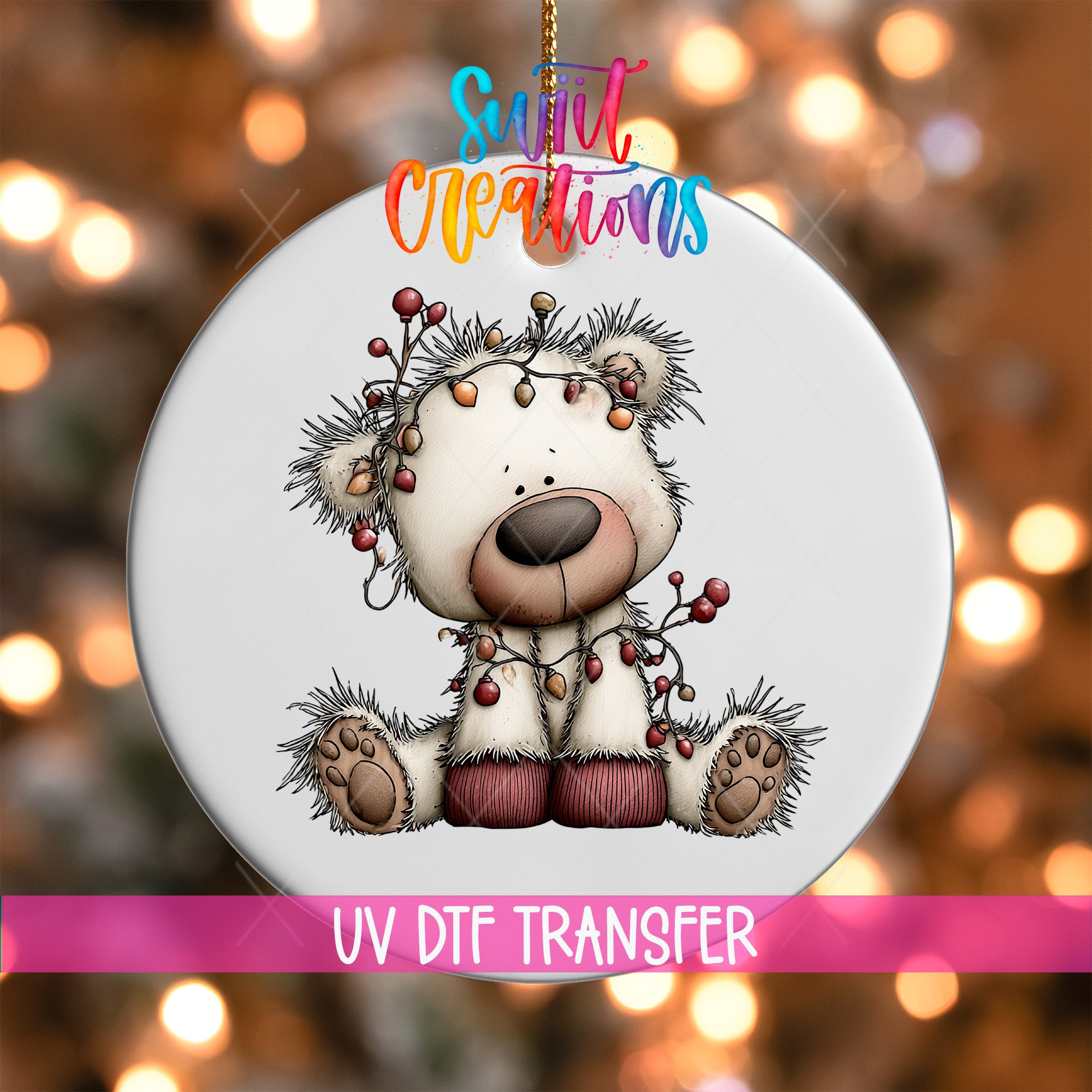 White Christmas bear ornament UV DTF transfer tangled in colorful holiday lights, mockup view 1