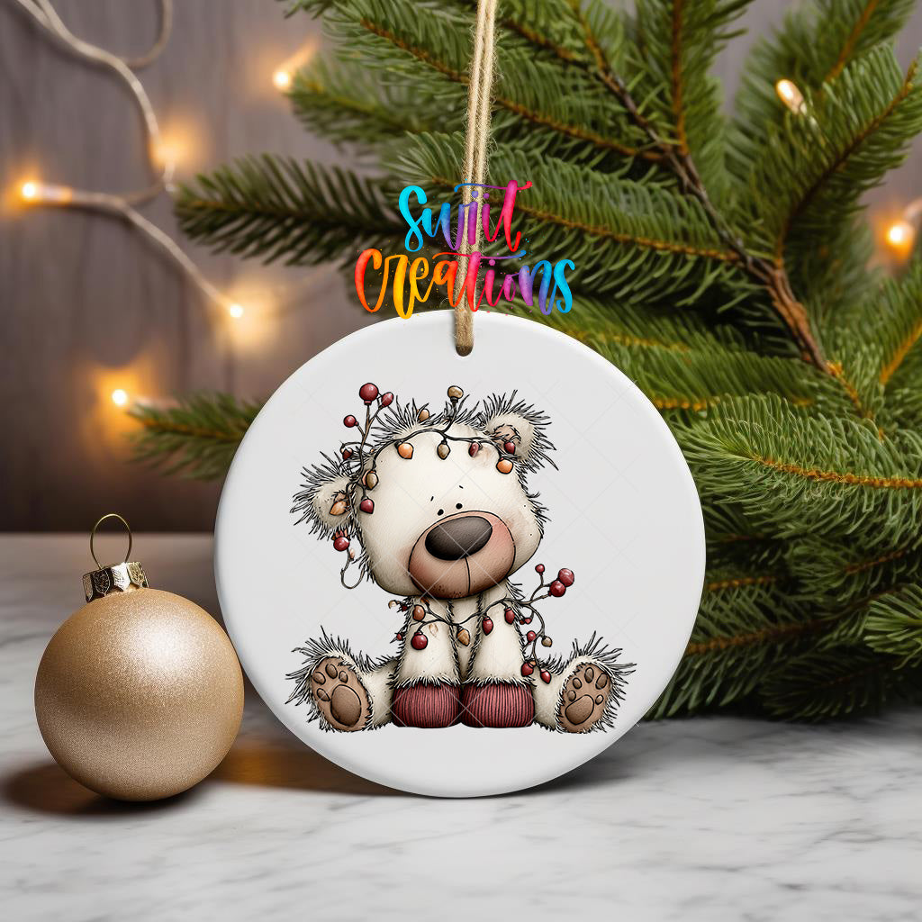 White Christmas bear ornament UV DTF transfer tangled in colorful holiday lights, mockup view 3
