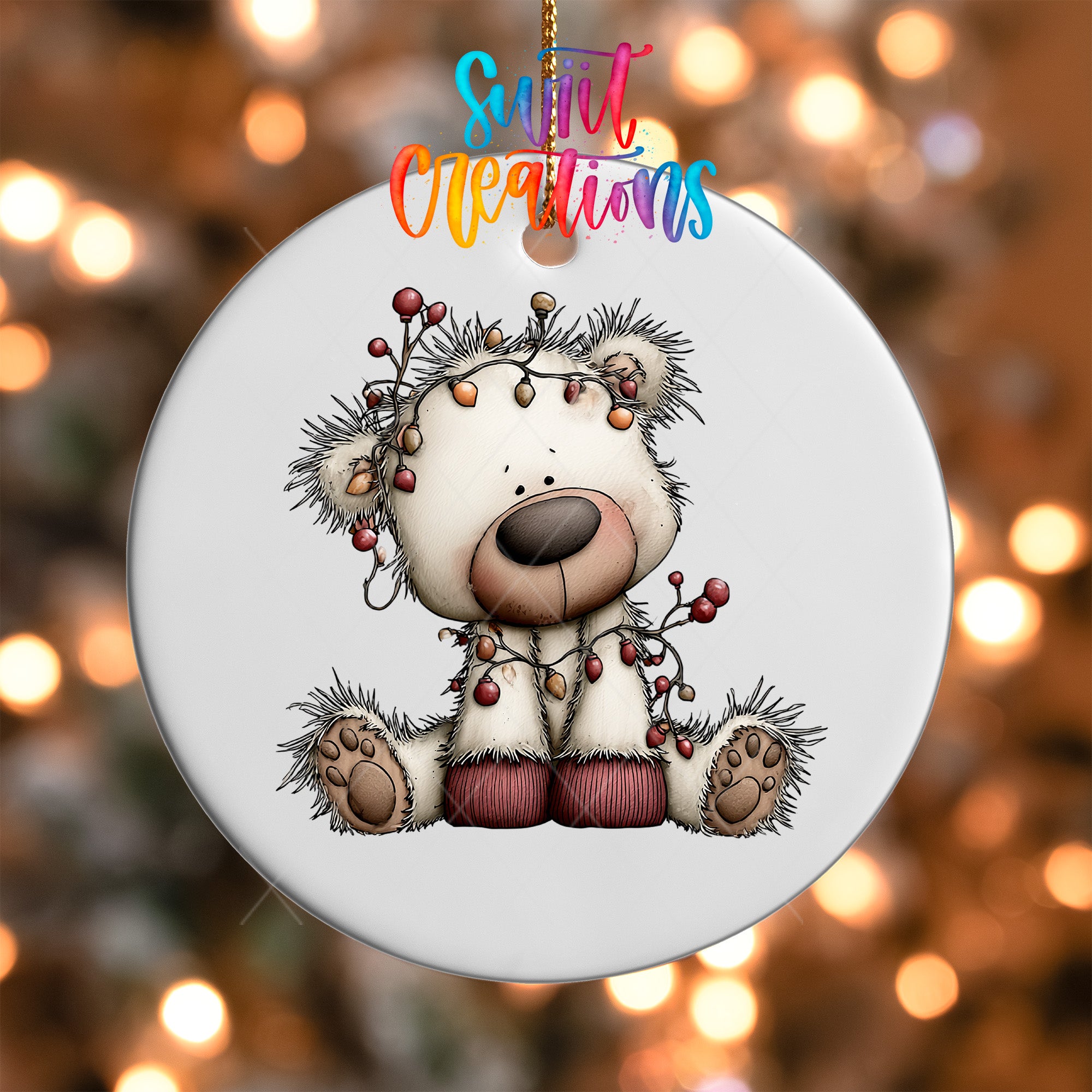 White Christmas bear ornament UV DTF transfer tangled in colorful holiday lights, mockup view 5