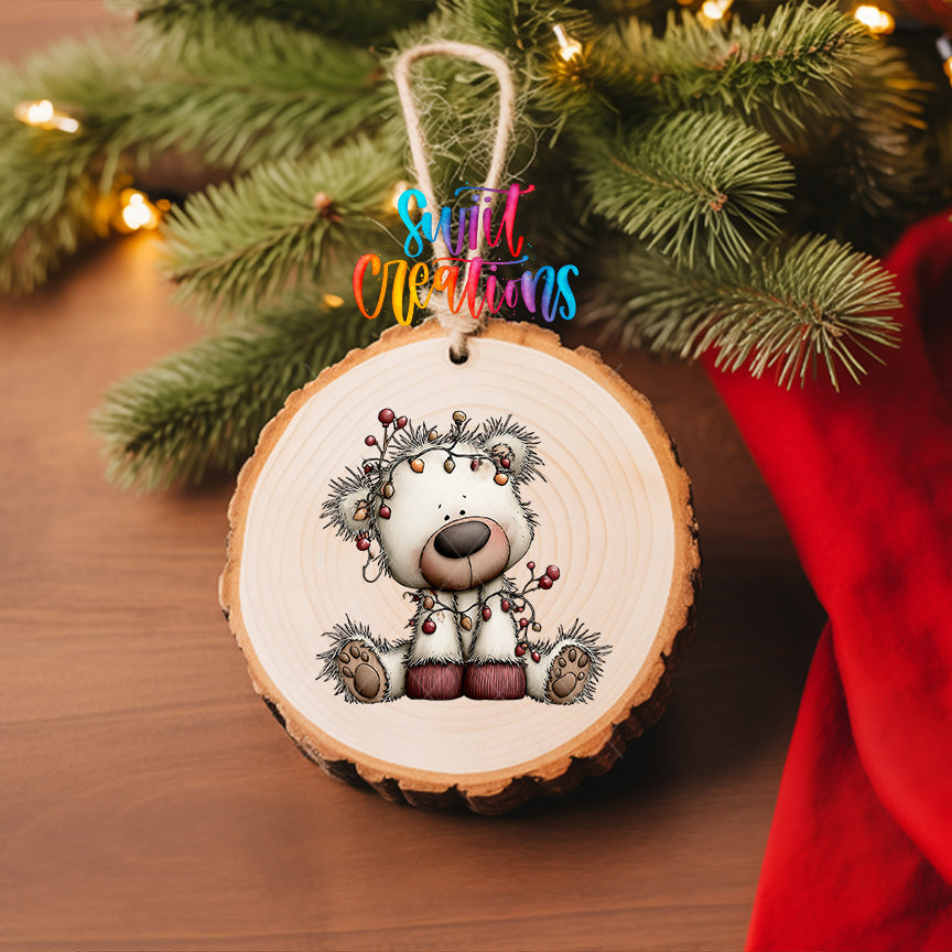 White Christmas bear ornament UV DTF transfer tangled in colorful holiday lights, mockup view 6