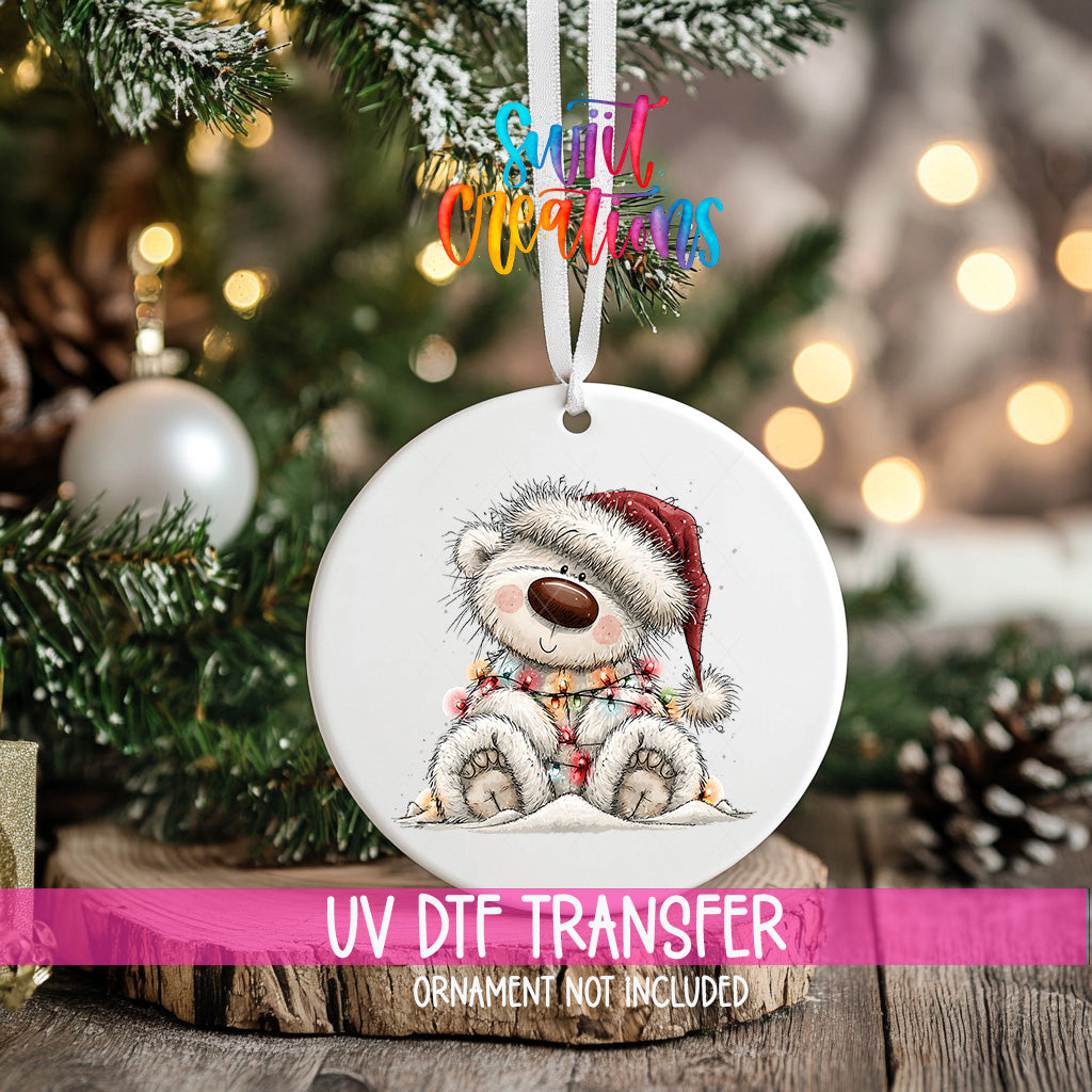 White Christmas bear ornament UV DTF transfer sledding in red plaid scarf and knit hat, mockup view 2