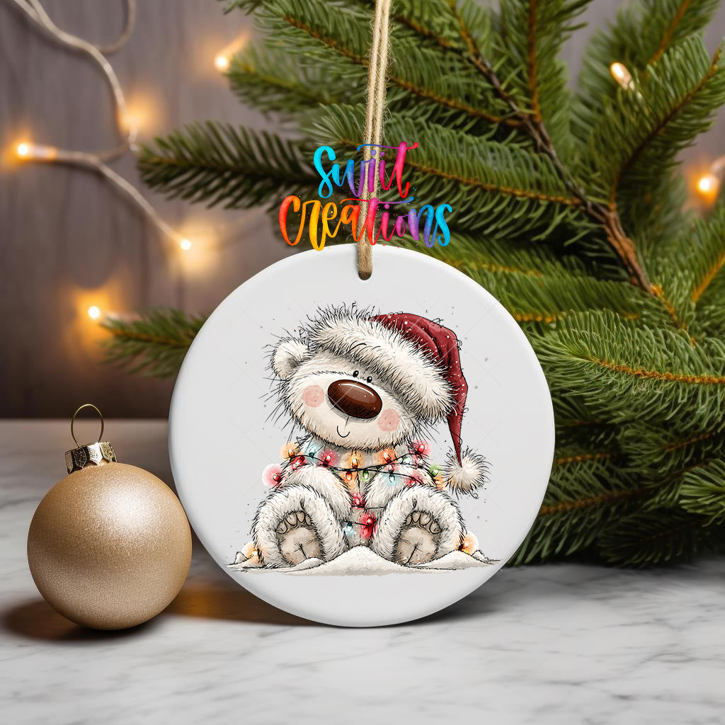 White Christmas bear ornament UV DTF transfer sledding in red plaid scarf and knit hat, mockup view 3