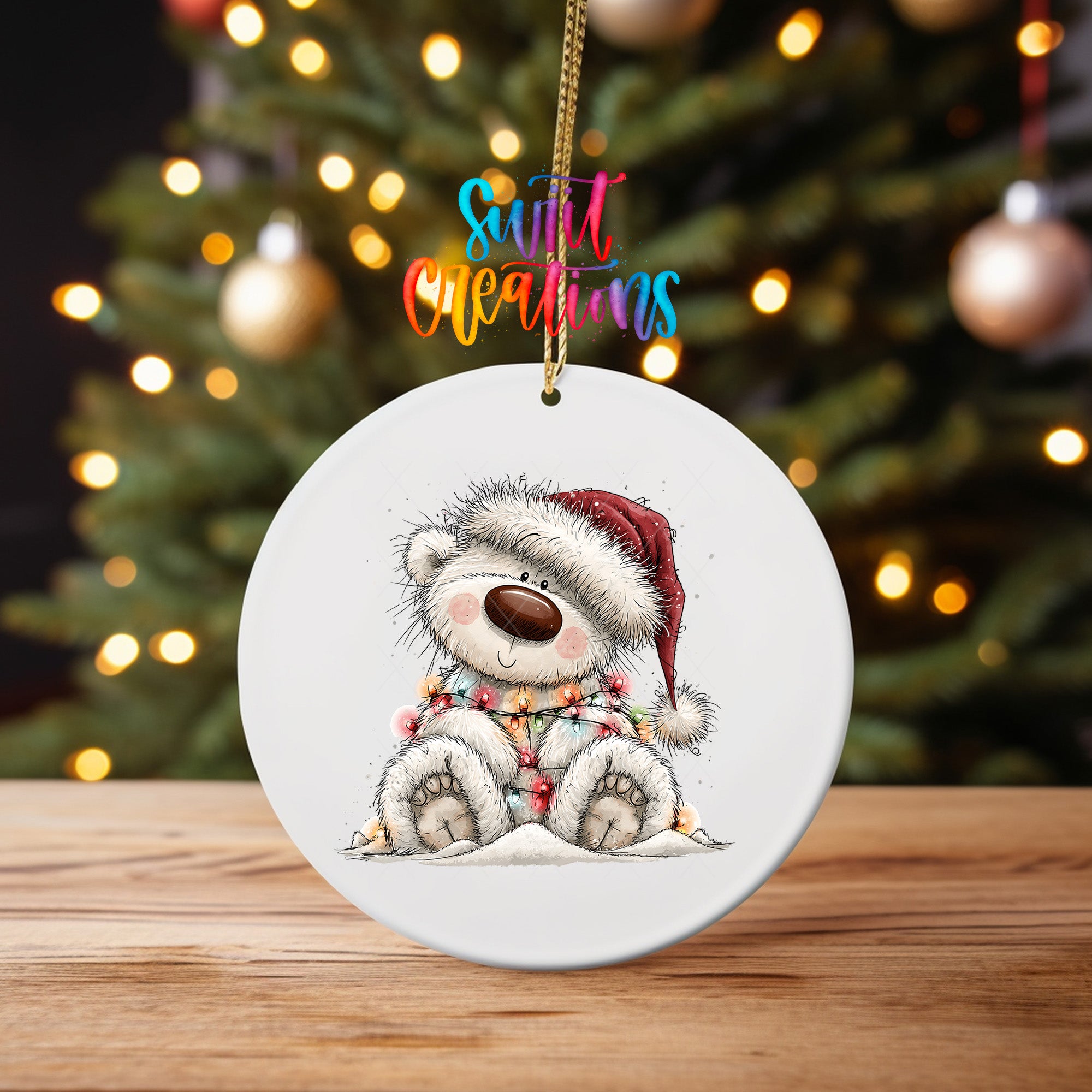 White Christmas bear ornament UV DTF transfer sledding in red plaid scarf and knit hat, mockup view 4