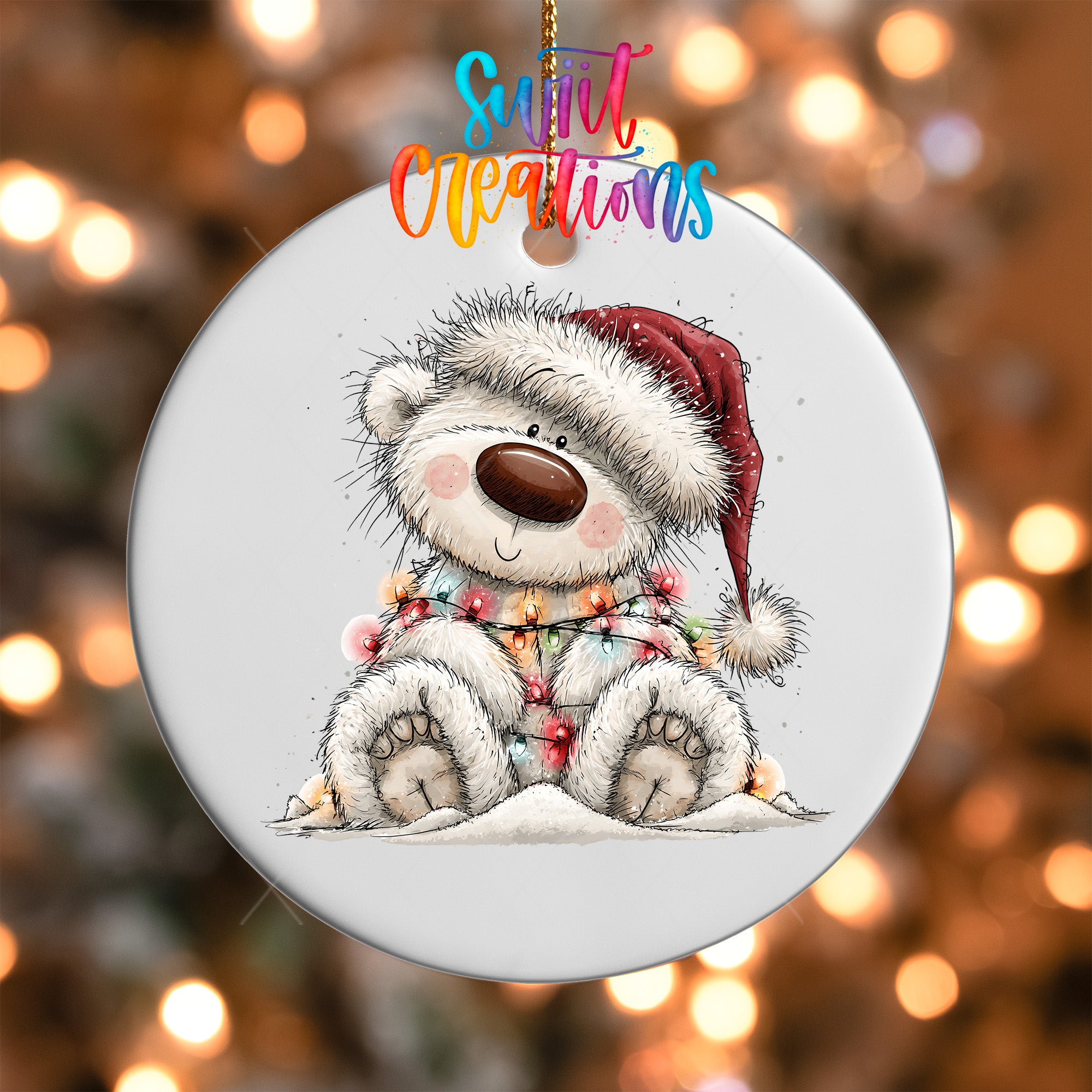 White Christmas bear ornament UV DTF transfer sledding in red plaid scarf and knit hat, mockup view 5