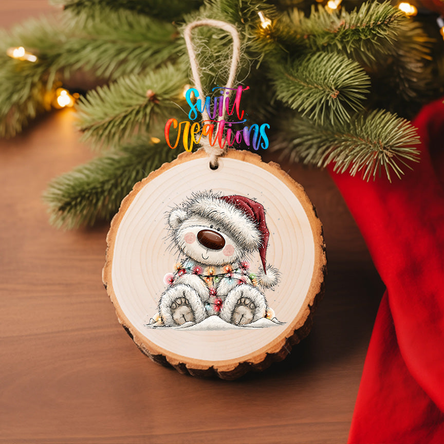 White Christmas bear ornament UV DTF transfer sledding in red plaid scarf and knit hat, mockup view 6