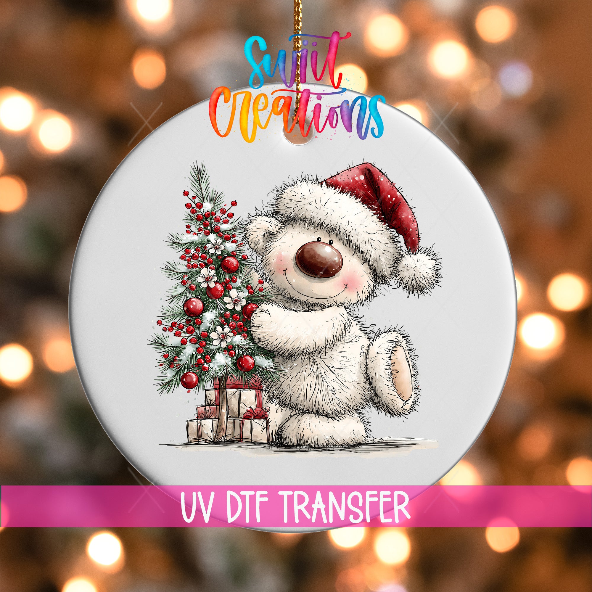 White Christmas bear ornament UV DTF transfer hugging a red berry decorated tree, mockup view 1