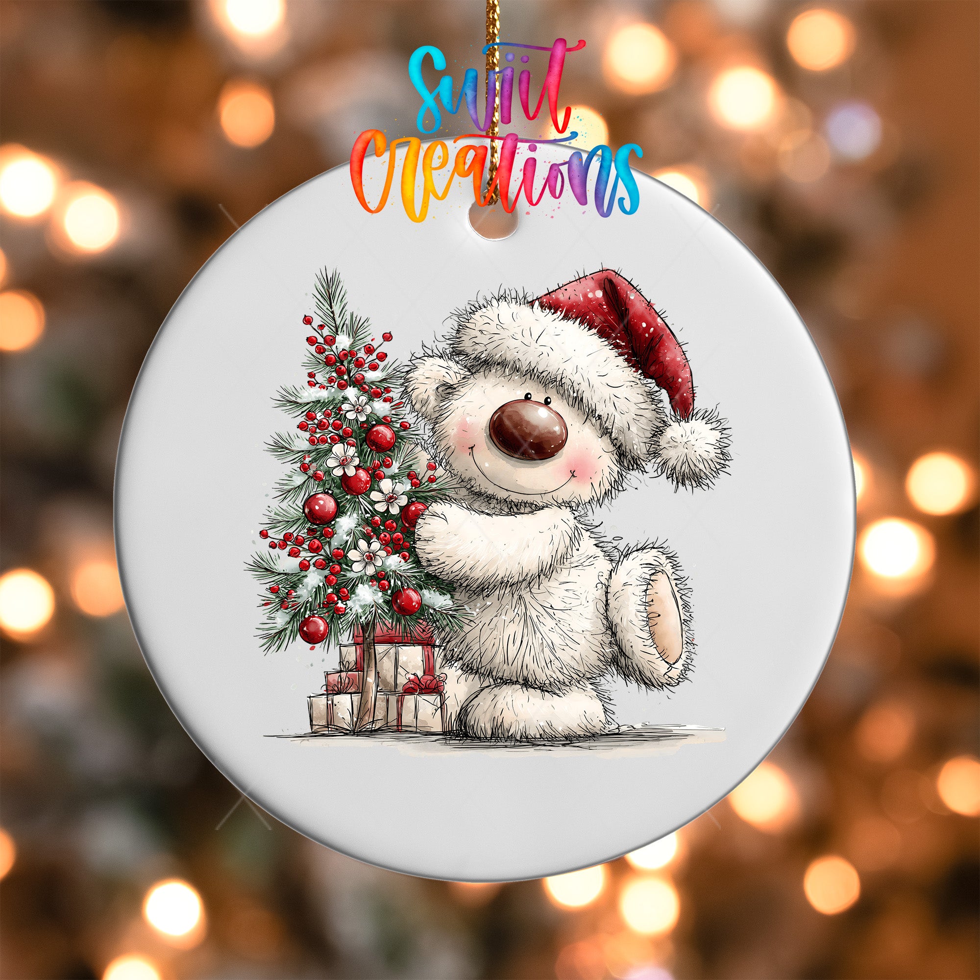 White Christmas bear ornament UV DTF transfer hugging a red berry decorated tree, mockup view 5
