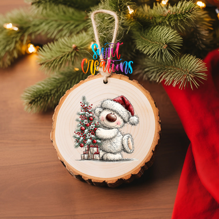 White Christmas bear ornament UV DTF transfer hugging a red berry decorated tree, mockup view 6