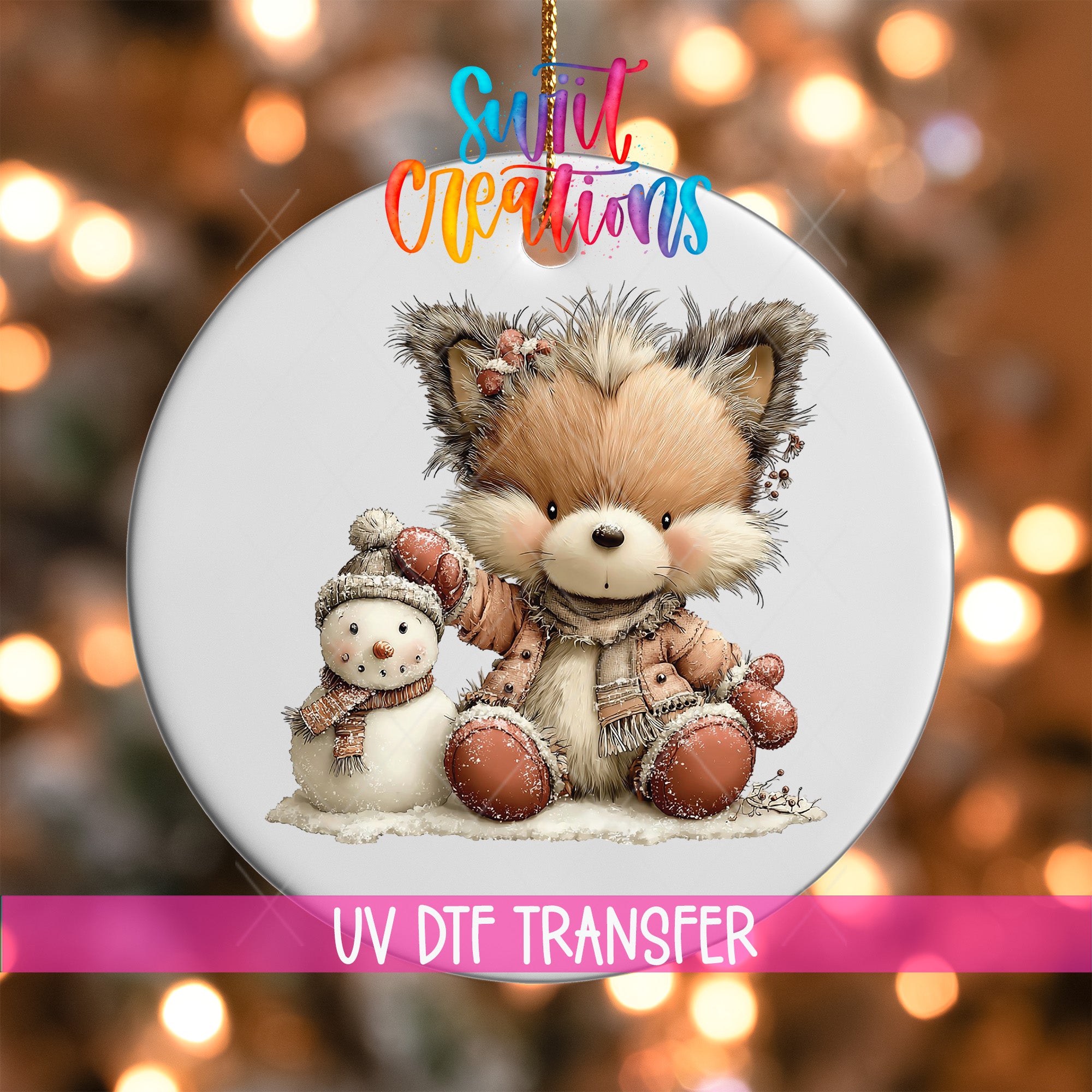 Winter fox and snowman ornament UV DTF transfer in blush pink snowy clothing, mockup view 1